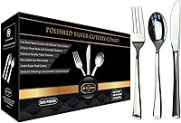 Vista 1 de JL Prime Juego de cubiertos de plástico plateado de 300 piezas, cubiertos de plástico reciclable reutilizable, utensilio de plástico plateado, 100