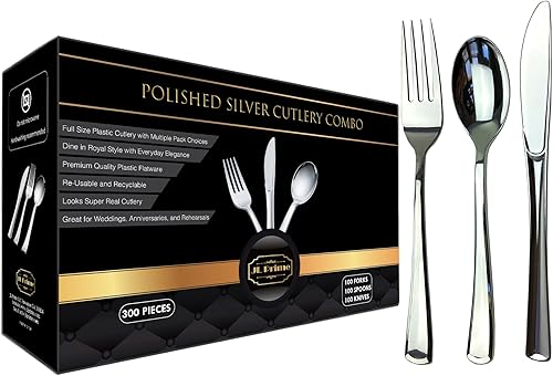 Miniatura 1 de JL Prime Juego de cubiertos de plástico plateado de 300 piezas, cubiertos de plástico reciclable reutilizable, utensilio de plástico plateado, 100