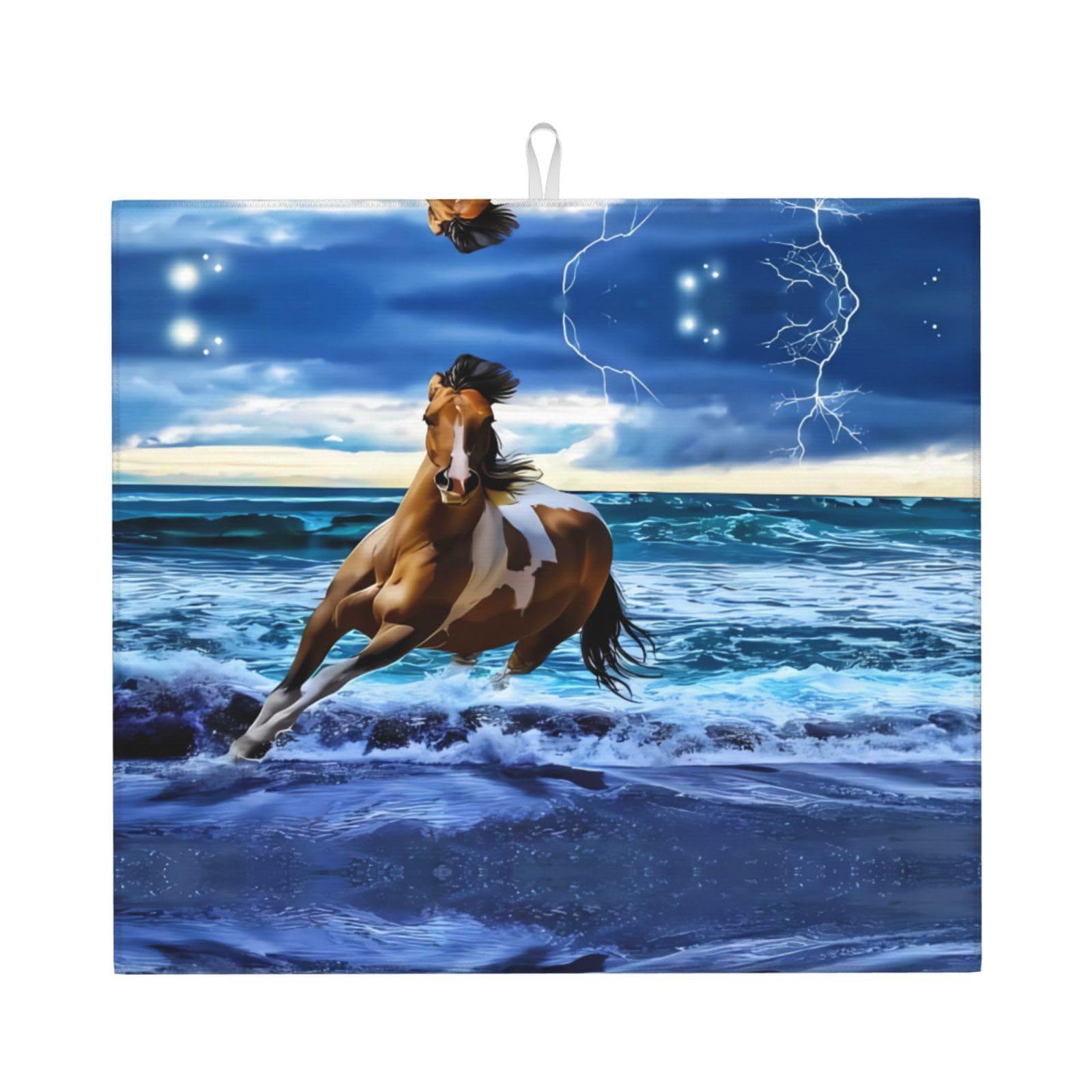 WHJSSF Running Horse Prints Kitchen Drying Mat - Absorbent Dish Drying Throw with Colorful Prints, Quick-Dry Countertop Layer for Dishes & Appliances - Non-Slip & Foldable