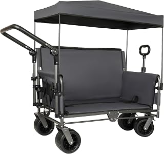 3-in-1 Heavy-Duty Folding Wagon Cart with Adjustable Canopy & Bench Seat – 500lbs Capacity, All-Terrain Utility Cart for Camping, Beach, Sports, Garden Storage (Gray)