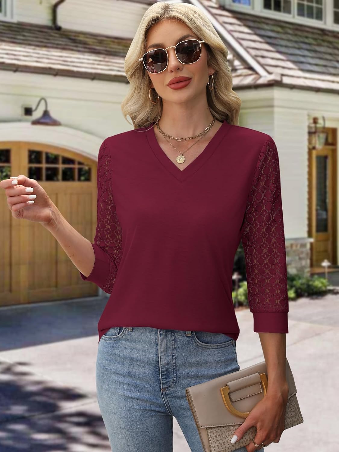 Spring Tops for Women 3/4 Sleeve V Neck Lace Blouse Dressy Casual Womens Tops S-XXL - Image 6
