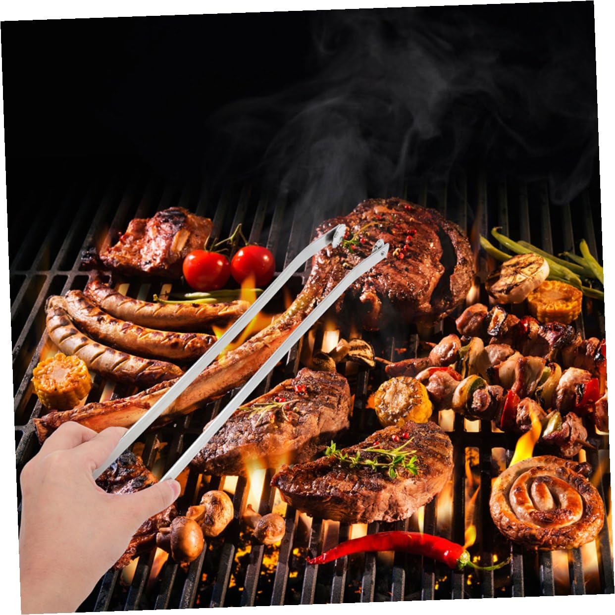 jojofuny Pinze per Barbecue in Acciaio Inox 2 Pezzi Manico e Rotante, Utensili Versatili per Carne e Verdure, per Grigliate All'aperto