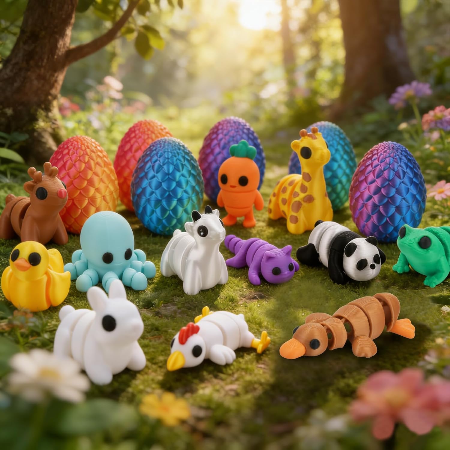 BUUFAN 12PCS 3D Printed Animals with Eggs Set, Easter Basket Stuffers for Kids, Colorful 3D Print Animal Toy Pack, Easter Gifts Party Favors for Boys and Girls