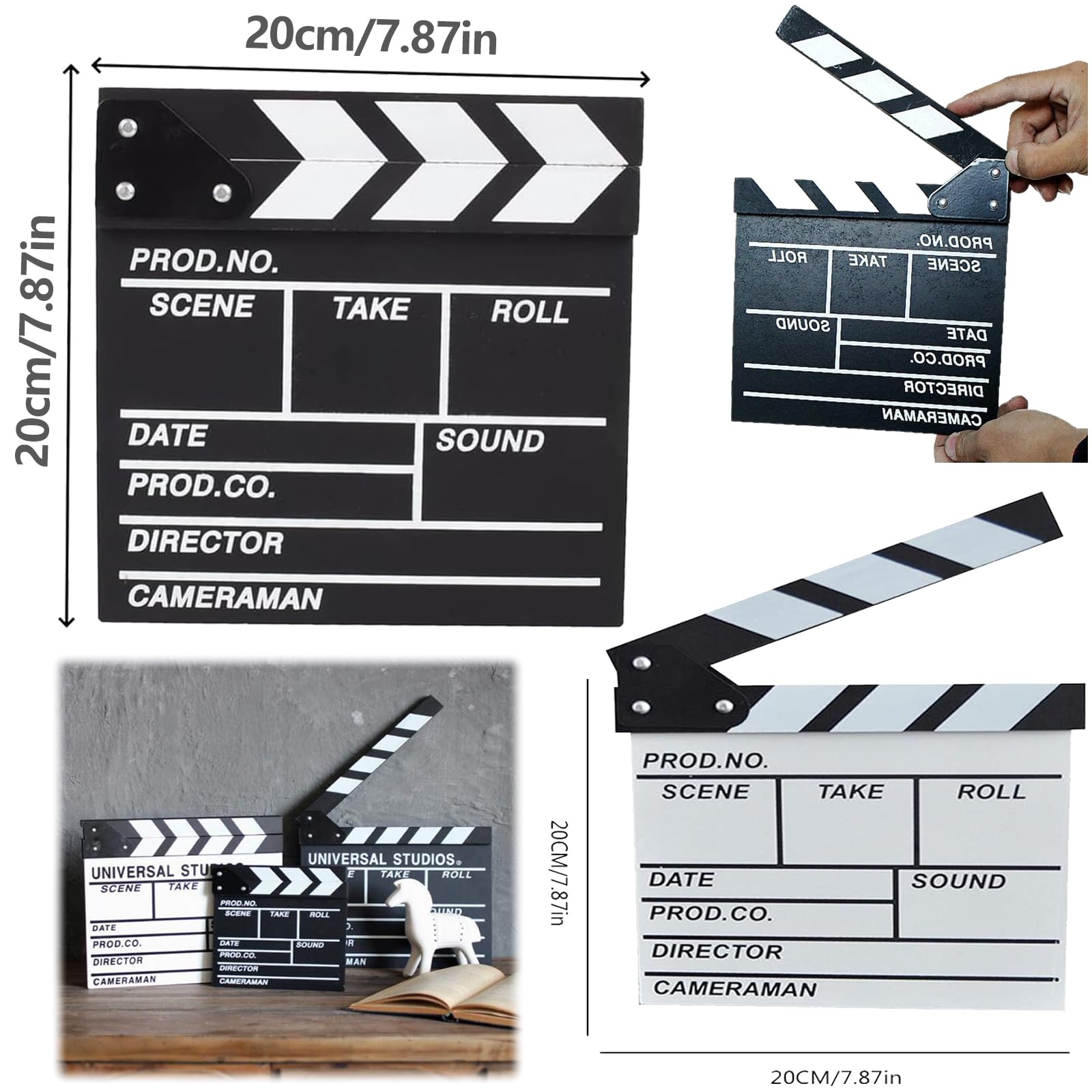 Lot de 2 trappes de Film de scène 7,8" x 7,8" - Clapet de réalisateur en Bois - Accessoires de cinéma - pour Accessoires de Photographie, séries télévisées, Spots publicitaires, décoration