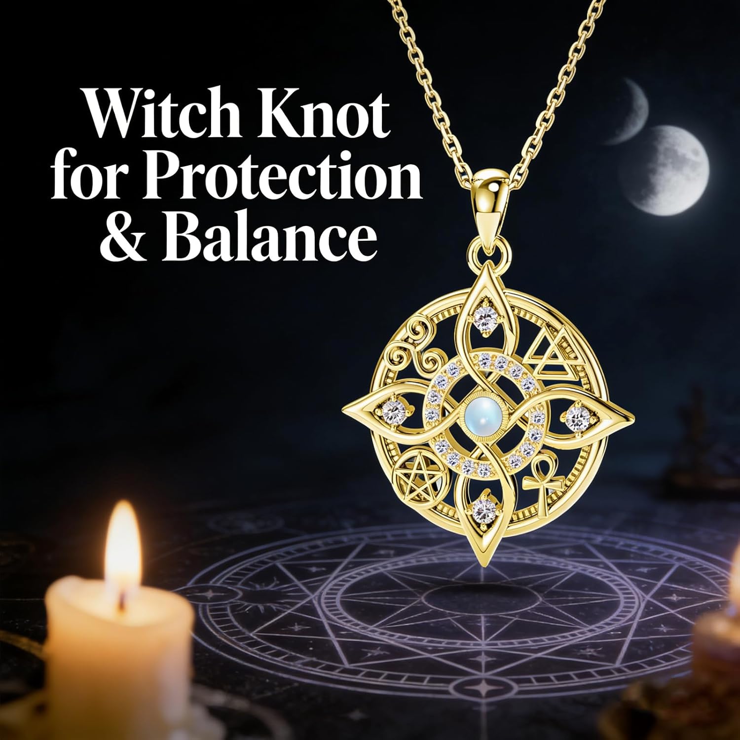 925 Sterling Silver Witch Knot Necklace with Moonstone – Wiccan Pagan Jewelry with Pentacle & Ankh Symbols – Spiritual Protection Amulet Pendant – Celtic Moonstone Necklace Gift for Women - Image 2