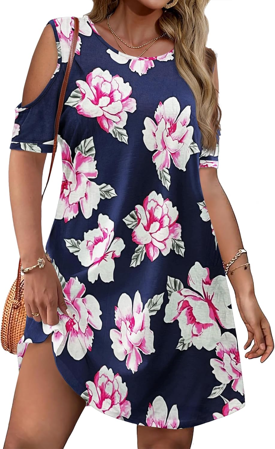 IN'VOLAND Women's Plus Size Summer Dress Short Sleeve Beach Floral Crew Neck Casual Mini Dresses with Pockets