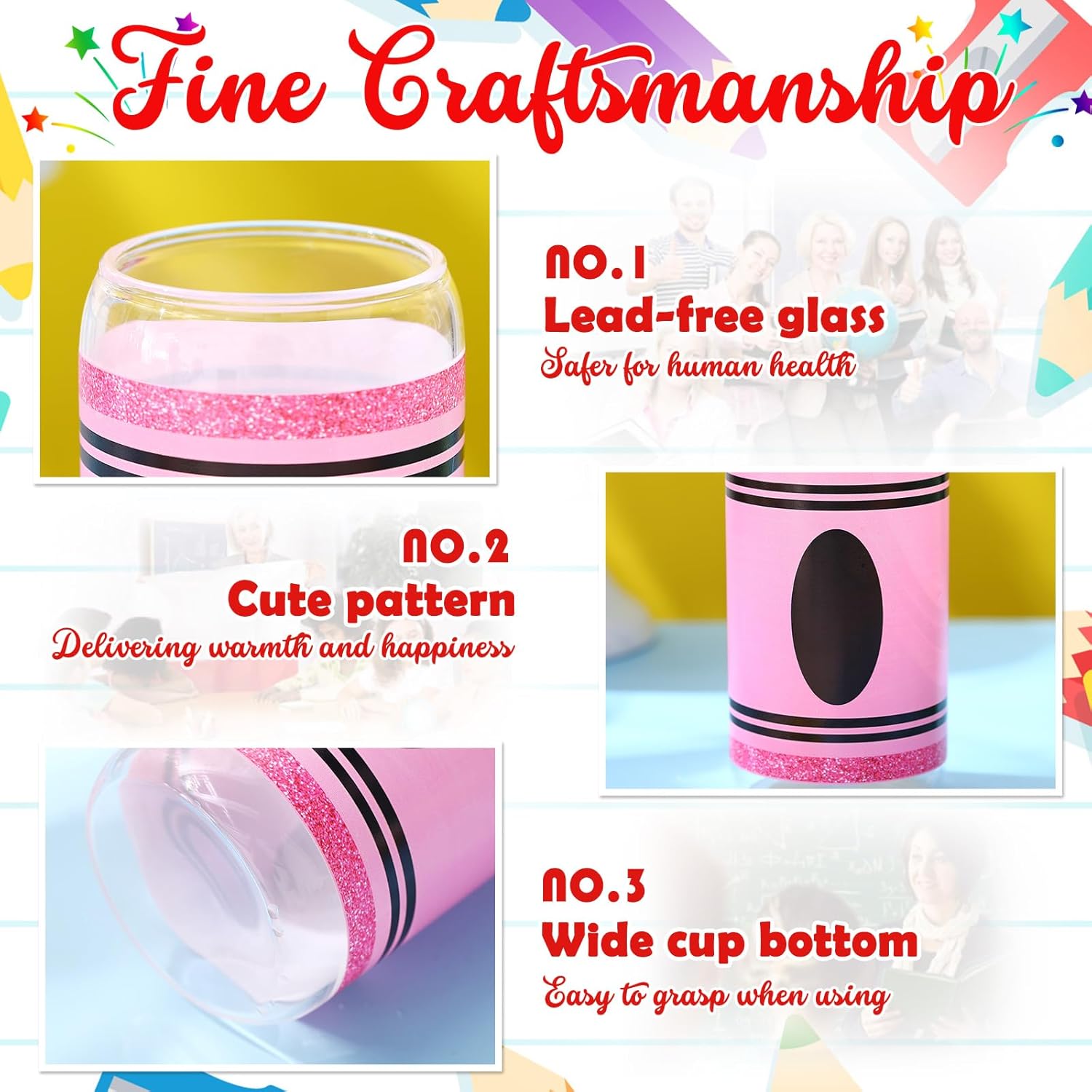 Baderke 4 Set Teacher Glass Cups Christmas Gifts Crayon and Pencil Drinking Tumbler 16 oz Iced Coffee Glasses with Lids and Straws for Student End of Year Appreciation Presents - Image 5