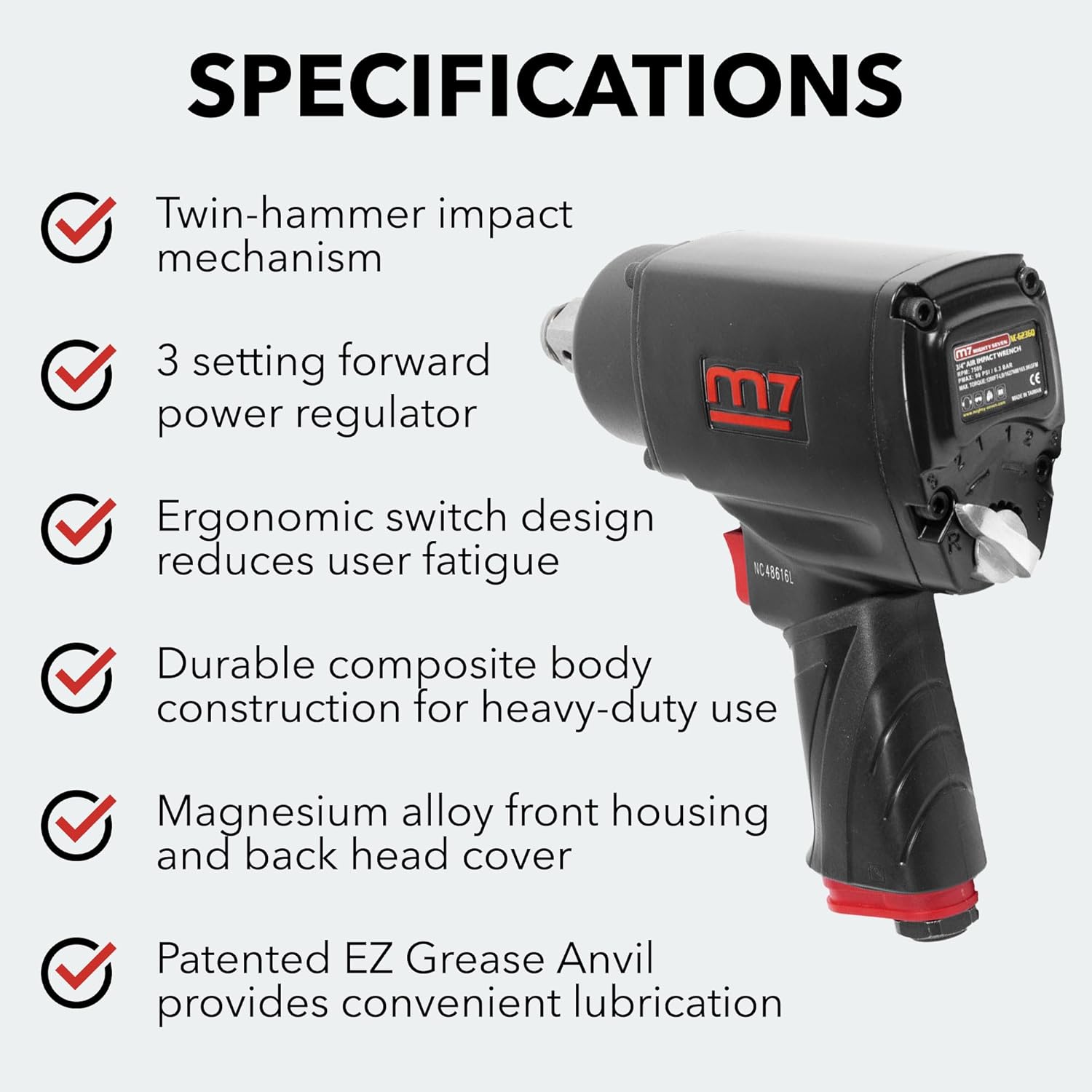 Mighty Seven M7 1/2-inch Air Impact Wrench with Quiet Drive NC-4236Q Industrial, Motorcycle, and Automotive Tool, Impact Driver with Pistol Grip, Pneumatic Torque Wrench with 1000 ft-lb Max Torque