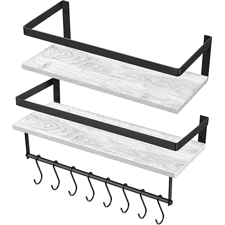 Amazon Magicfly ウォールシェルフ おしゃれ 壁掛け棚 ラック 2個セット 落下防止 木製 ペーパーラック フック 8付 キッチン バスルーム ベッドルーム オフィスに適用 白 オープンシェルフ ラック オンライン通販