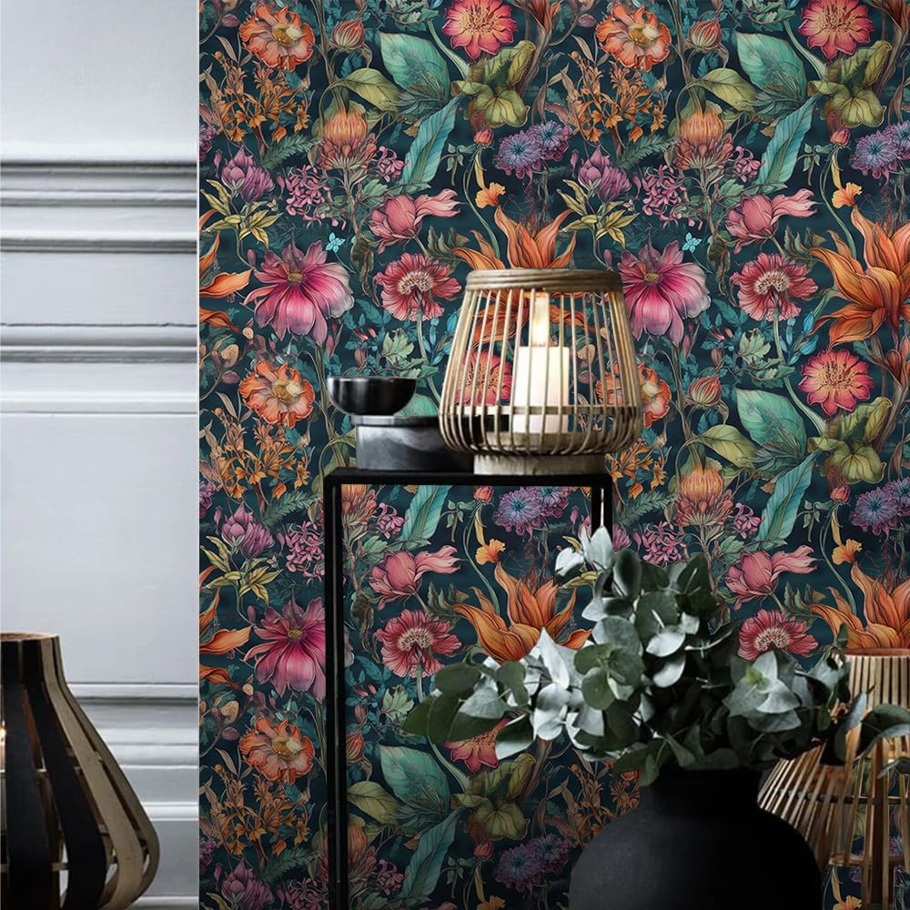 Dark Black Mystic Floral Garden Purple Pink Exotic Leaf Botanical Peel and Stick Wallpaper Easy Peel Off Contact Paper Stick on Adhesive Wall for Bathroom Waterproof Renter Friendly