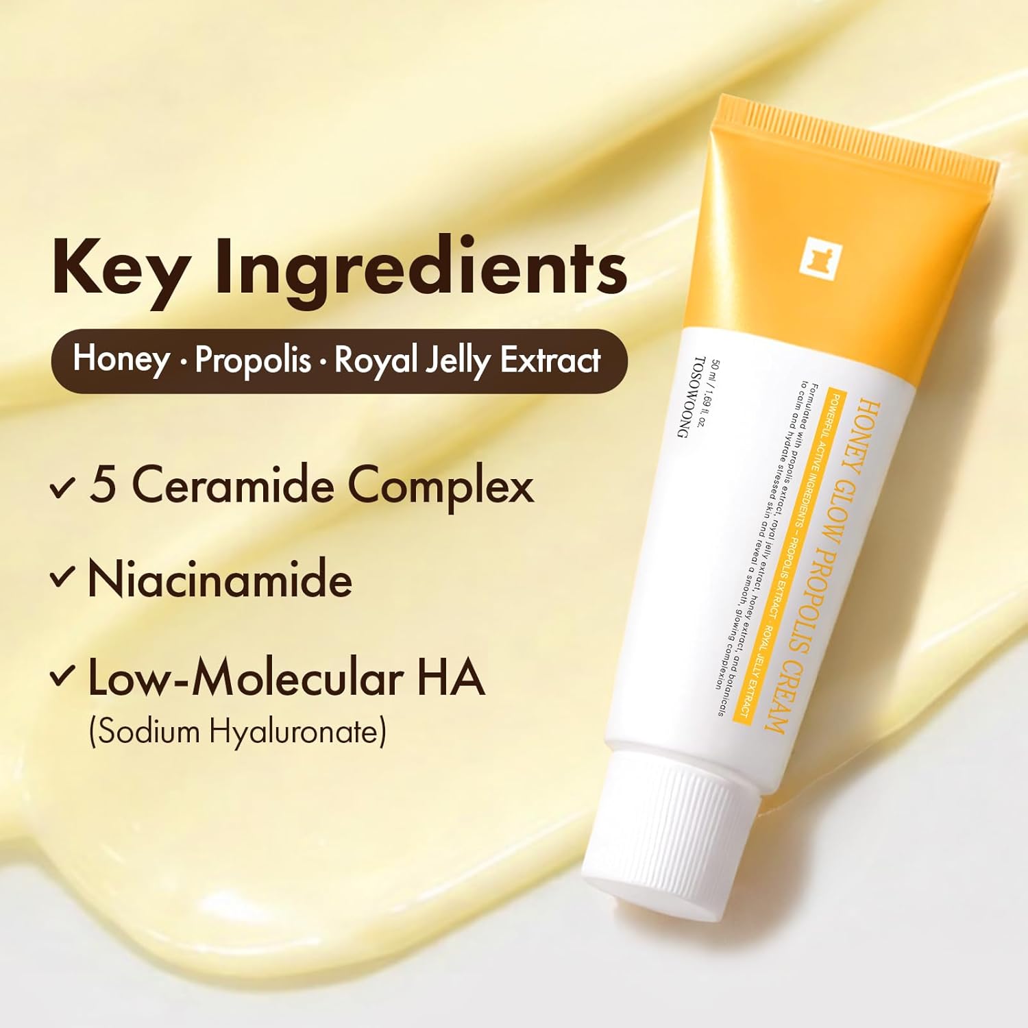 TOSOWOONG Honey Glow 47% Propolis Cream, Hydrating Facial Soothing Moisturizer with Bee Venom, Royal Jelly Extract, Vitamin C for Irritated Dry Skin, Glass Skin, Korean Skincare, 50ml / 1.69 fl.oz. - Image 4