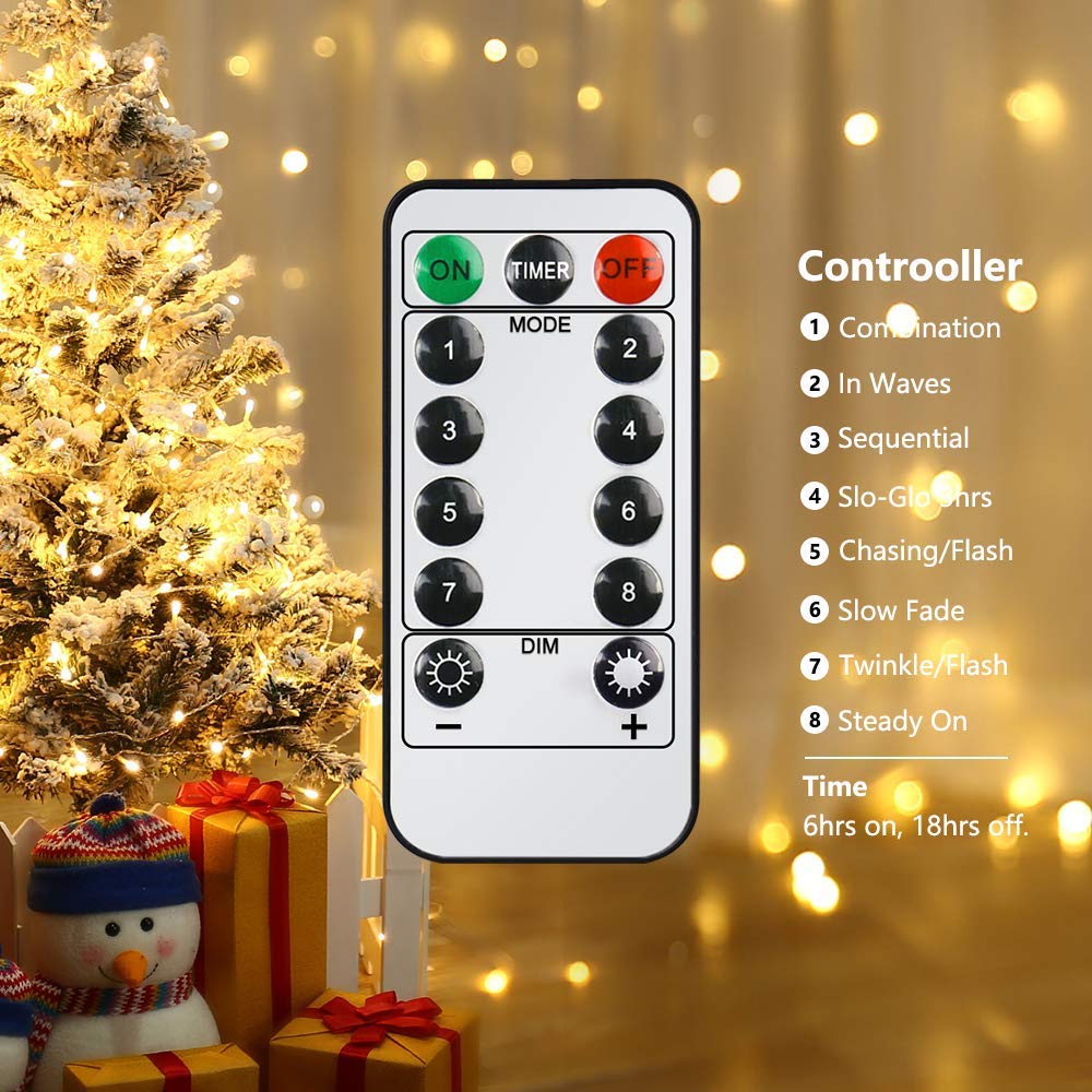 Qedertek Lichterkette 10m Mit 100 LEDs, Batteriebetrieben, Inkl. Fernbedienung & Timer, Warmweiß, Wasserdicht IP44, Für Drinnen & Draußen