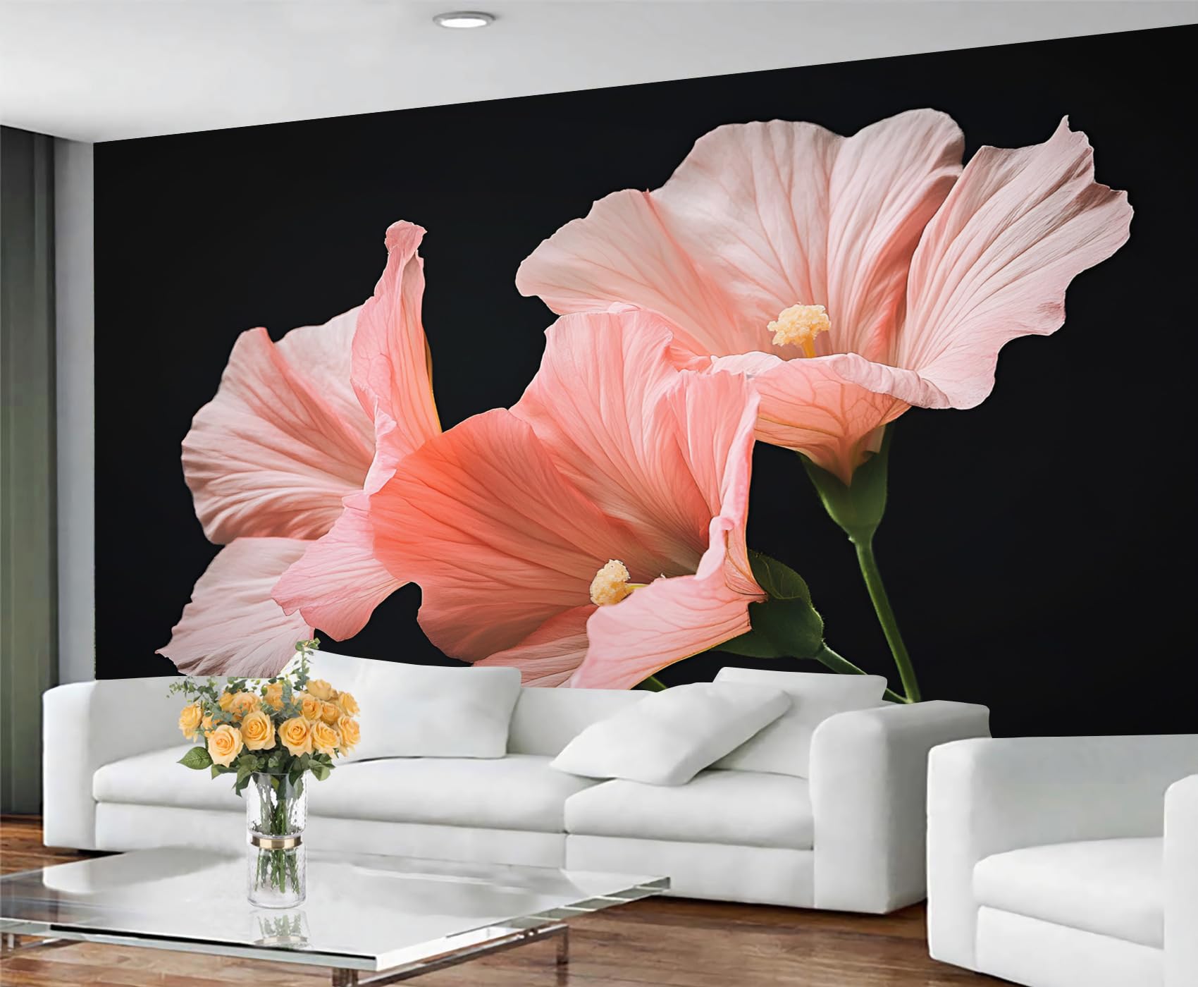 GIVLWF Wallpaper - Pink Floral Mural & Home Decor, Nordic Simple Bedroom Wallpaper, Pure Black Wall Paper for Living Room, Large Mural, Not Self Adhesive