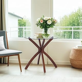 ivinta Small Glass Dining Table for 2-4 People, 31.5-Inch Round Coffee Table with Solid Wood Legs, Mid-Century Modern Kitchen Table for Dining Room, Living Room, Restaurant, CURD-80 (Rustic Brown)