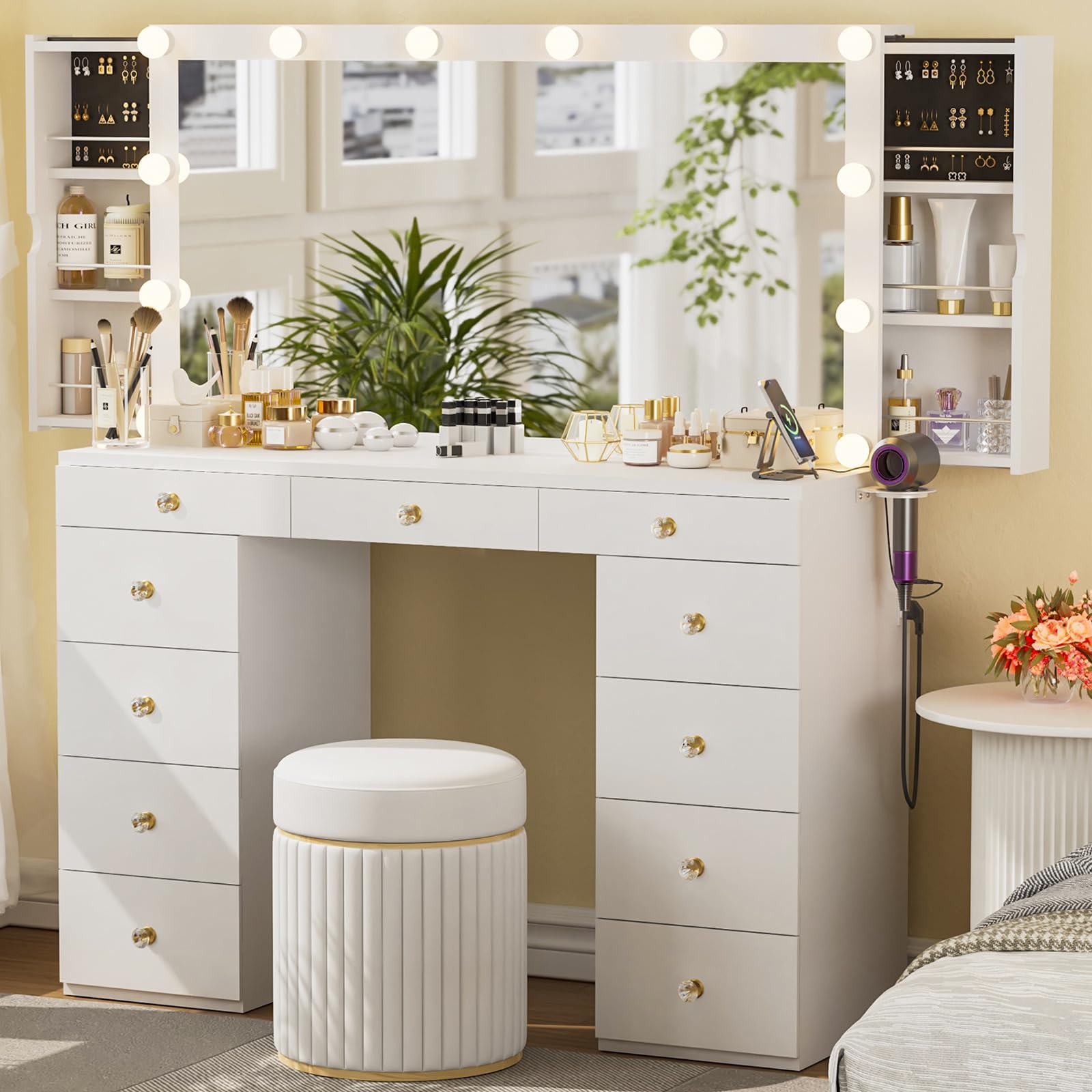 Likein Vanity Desk with Mirror and Lights, White Vanity with Hidden Jewelry Storage Cabinet, Charging Station, 11 Drawers Makeup Vanity with Lights,