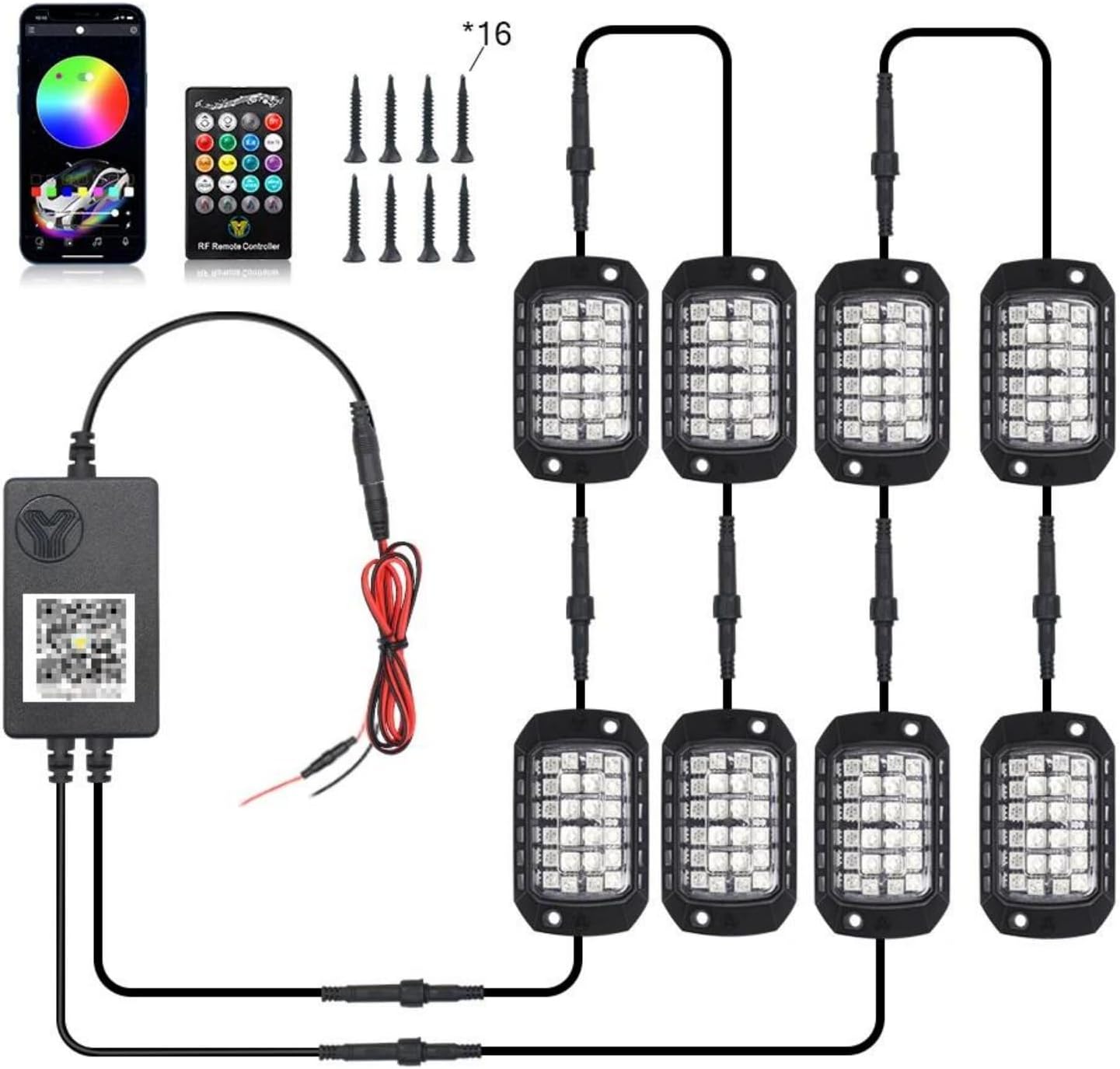 RGB LED Rock Lights, Remote APP Control RGB 3D Lens LED for Offroad SUV ATV UTV Neon Underbody Undergolw Car Chassis Light,8 in 1