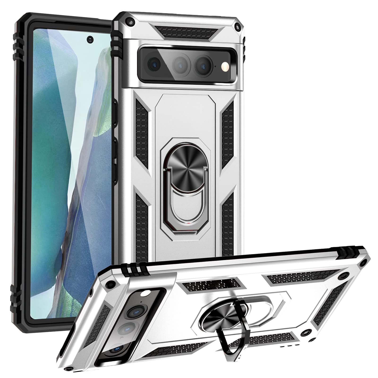 PROPFE Wytrzymałe etui pancerne do Google Pixel 7/7 Pro, stojak na pierścień, odporny na wstrząsy, wojskowa klasa ochronna, twarda osłona na telefon komórkowy, kolor srebrny, 7Pro 6,7''