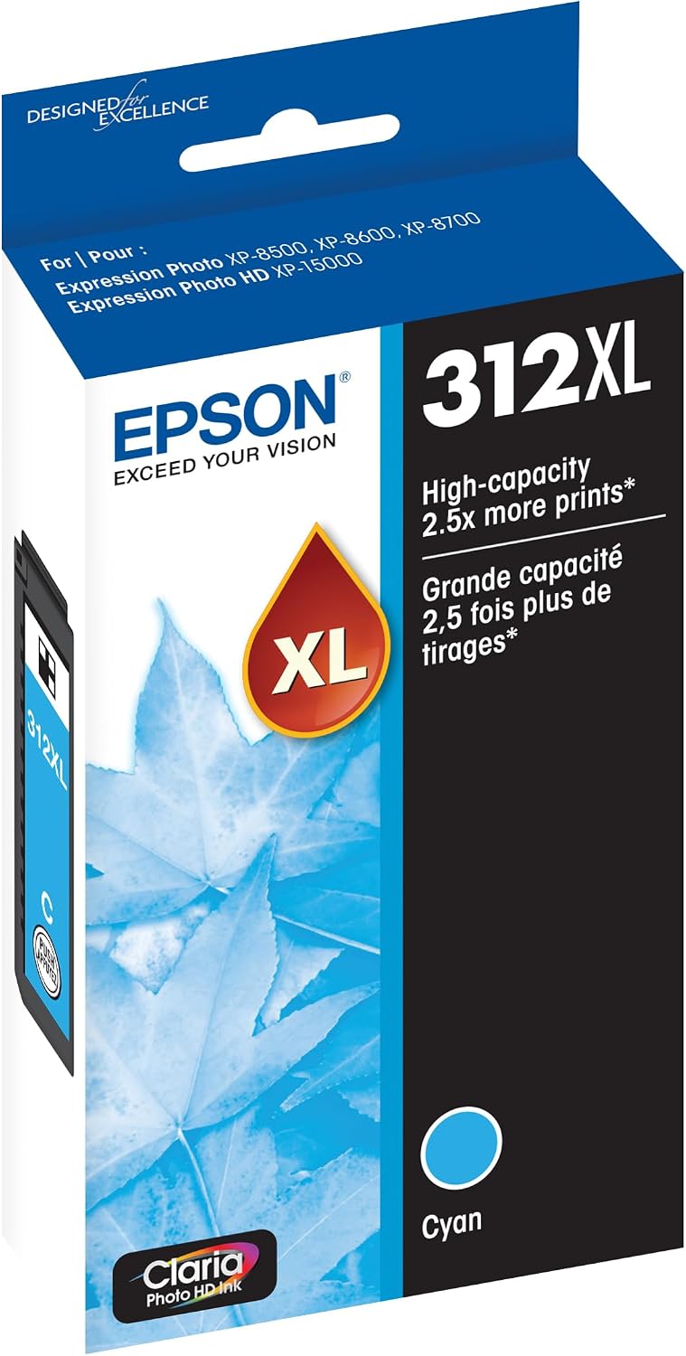 Epson 312 Claria Photo HD Ink High Capacity Light Cyan & Cyan Cartridges (T312XL520-S & T312XL220-S) for XP-8500, XP-8600, XP-8700, XP-15000