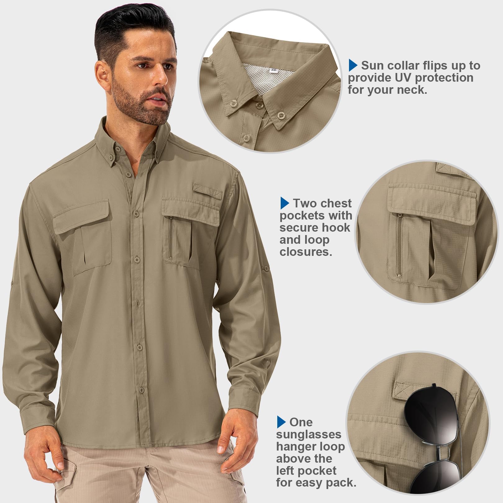 Asfixiado Camicia da uomo Safari UPF50+, a maniche lunghe, traspirante, ad asciugatura rapida, funzionale, per il tempo libero