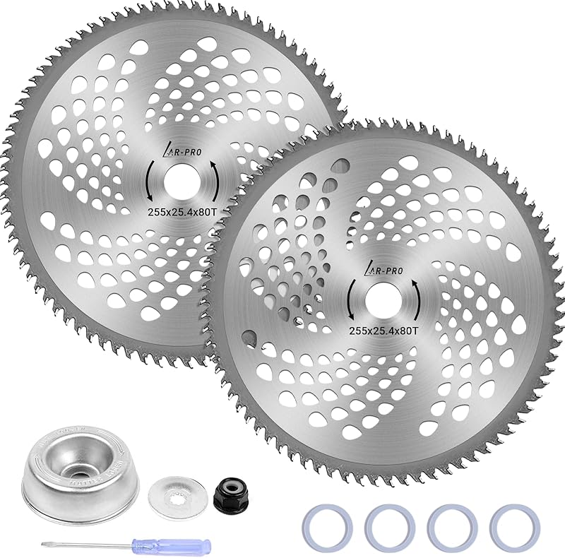 2-Set 10" x 80T Carbide Tip Brush Blades with The Universal Adapter Kit – for Cutter, Trimmer, Weed Eater | Made from Premium Stainless Steel to Last Long | Cuts Like Butter