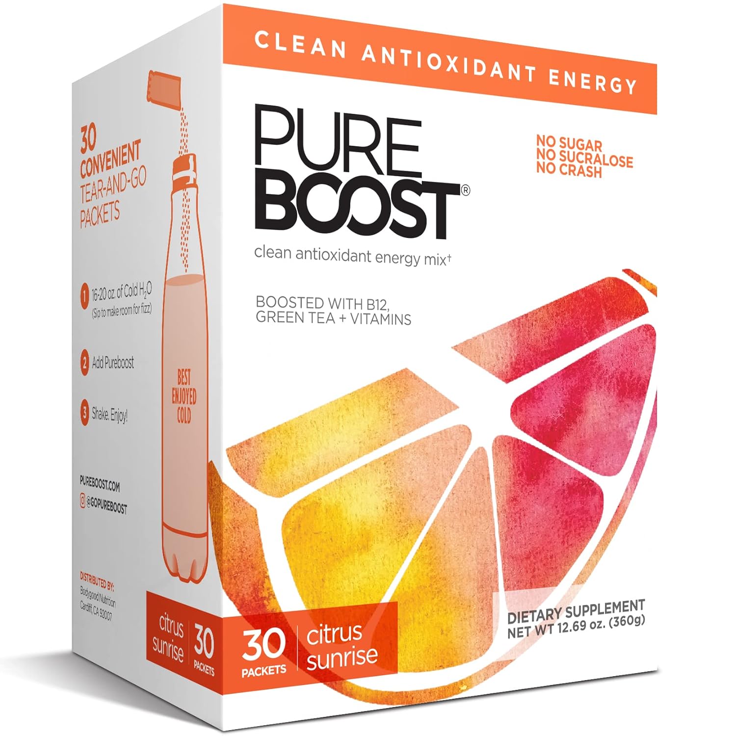 Pureboost Clean Energy Drink Mix Immune System Support. Energ&iacute;a sin az&uacute;car con B12, Multivitaminas, Antioxidantes, Electrolites Citrus Sunrise, 30 Conde