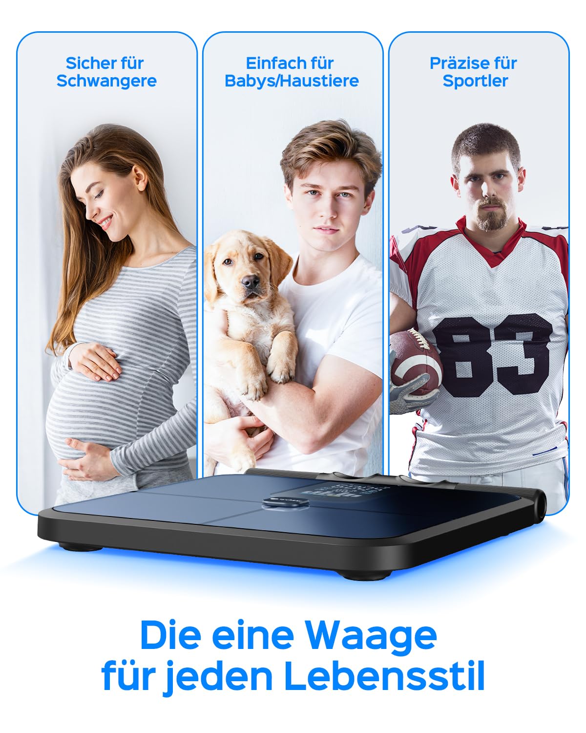 Körperfettwaage mit Handsensoren, 8 Elektrode Waage mit Körperfett und Muskelmasse, BMI, und 29 Körpermesswerte, Digitale Personenwaage mit Körperfettanalyse, Bluetooth App, VA-Display, 180 kg