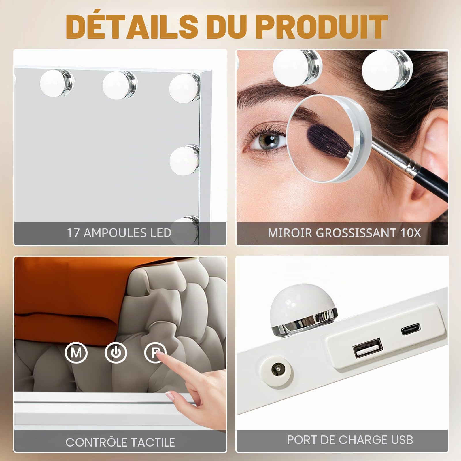 miroir de maquillage avec éclairage LED, 60 x 52 cm, miroir hollywoodien à intensité variable