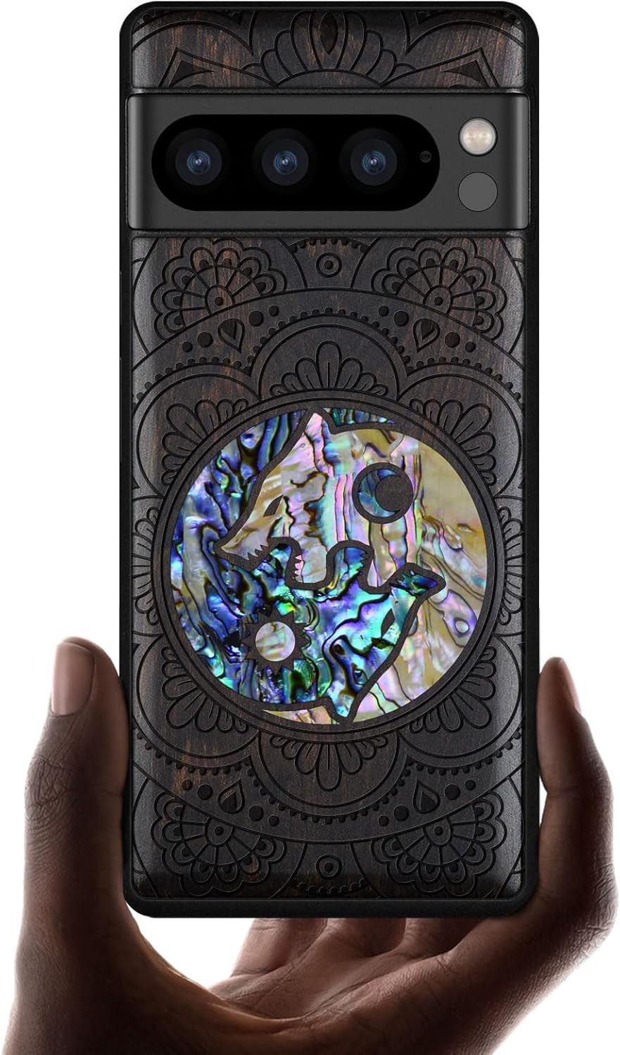 Carveit Designer Wooden Case for Google Pixel 8 Pro Case Cover [Wood Engraving & Shell Inlay] Compatible with Wireless Chargers Pixel 8 Pro (Shell Yin Yang Wolf-Blackwood)