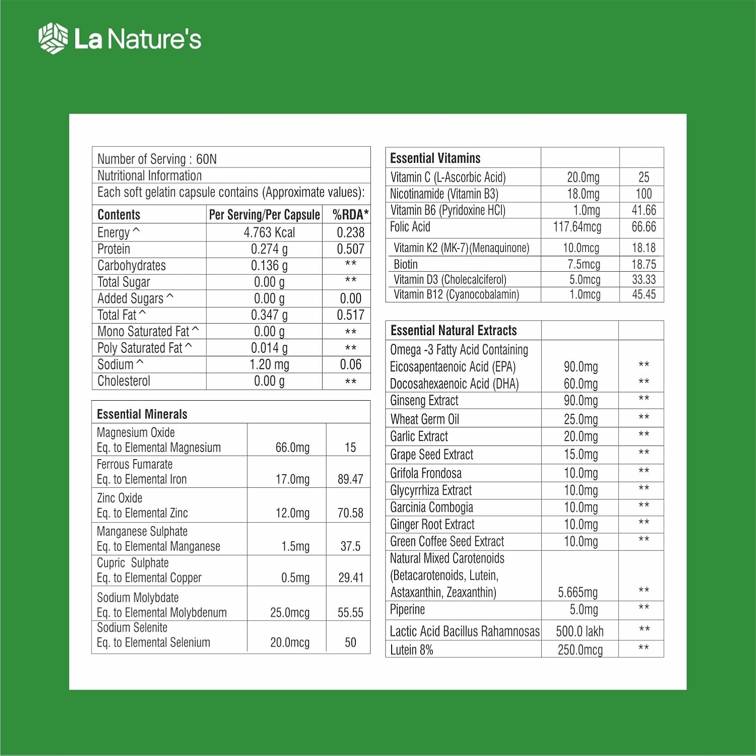 La Nature's Multivement Health | Multivitamin capsules with essential vitamins and minerals. For men and women. Daily Nutrition Support for Overall Health | 60 softgel capsules La Nature's Multivement Health | Multivitamin capsules with essential vitamins and minerals. For men and women. Daily Nutrition Support for Overall Health | 60 softgel capsules