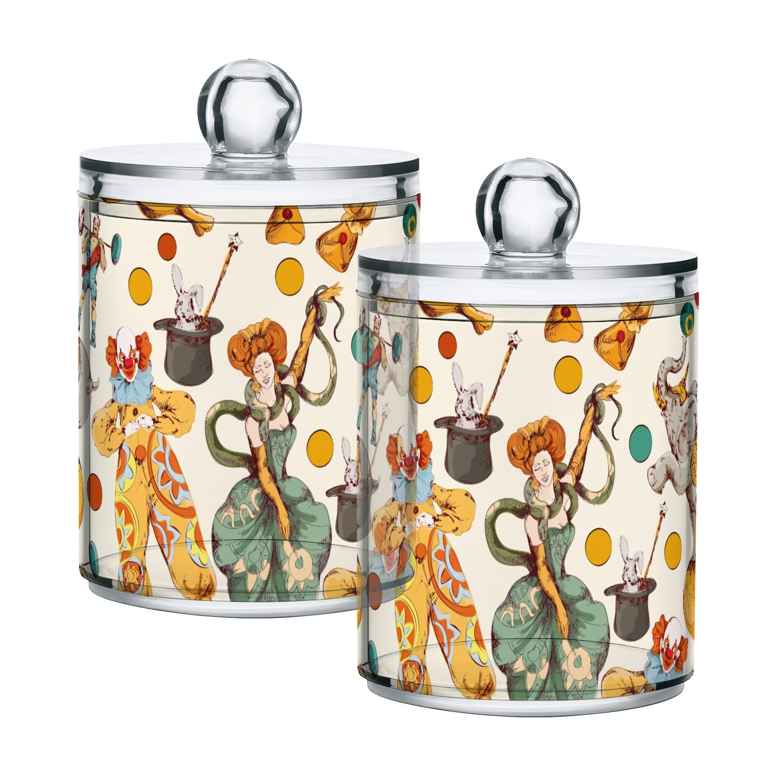 Vintage Circus Clown Qtip Holder Dispenser Magical Wand Elephant Bathroom Canister Storage Organization 4 Pack Clear Plastic Apothecary Jars with Lids Vanity Makeup Organizer For Cotton Swab Ball Fl