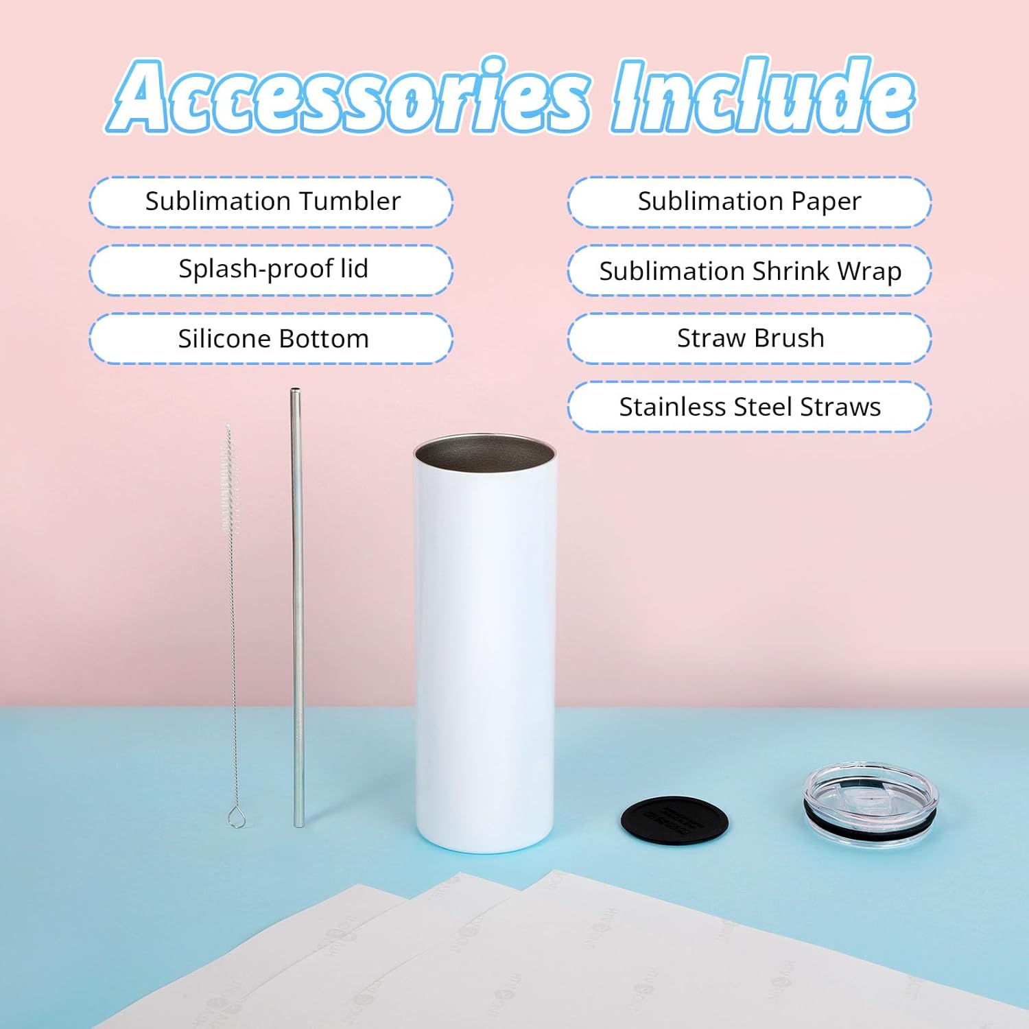 HTVRONT Sublimation Tumblers 12 PCS - 20 OZ Sublimation Tumbler Blanks with Sublimation Paper/Shrink Wrap Films/Heat Tape/Straws/Straw Brush - Sublimation Blanks Products for Gift/DIY Craft