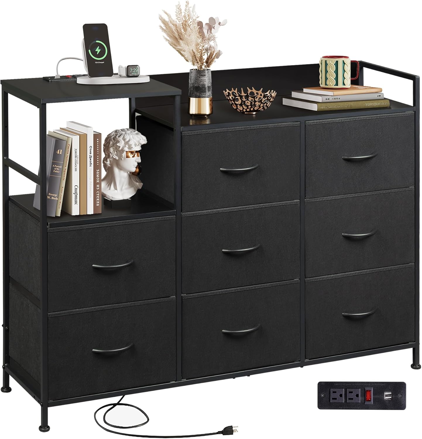 WLIVE Black Dresser TV Stand for Bedroom with Charging Station and Open Shelves, Fabric Dresser with 8 Drawers and Wood Top, Wide Storage Chest of Drawers for Living Room, Hallway