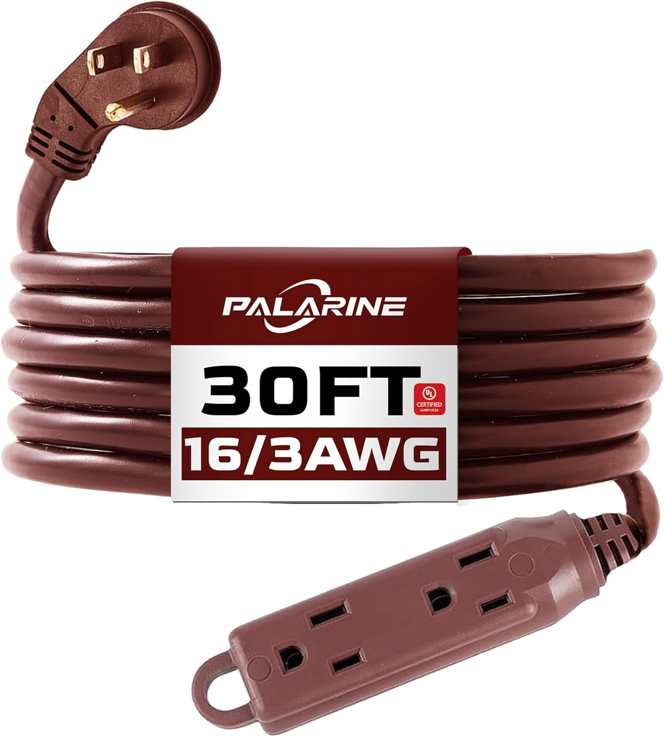 Indoor Extension Cord Power Strip 3 Outlets Flat Plug, UL Listed, 16 Gauge 30 ft Brown 3 Prong Heavy Duty, 16/3 SJTW 13A Outlet Extender