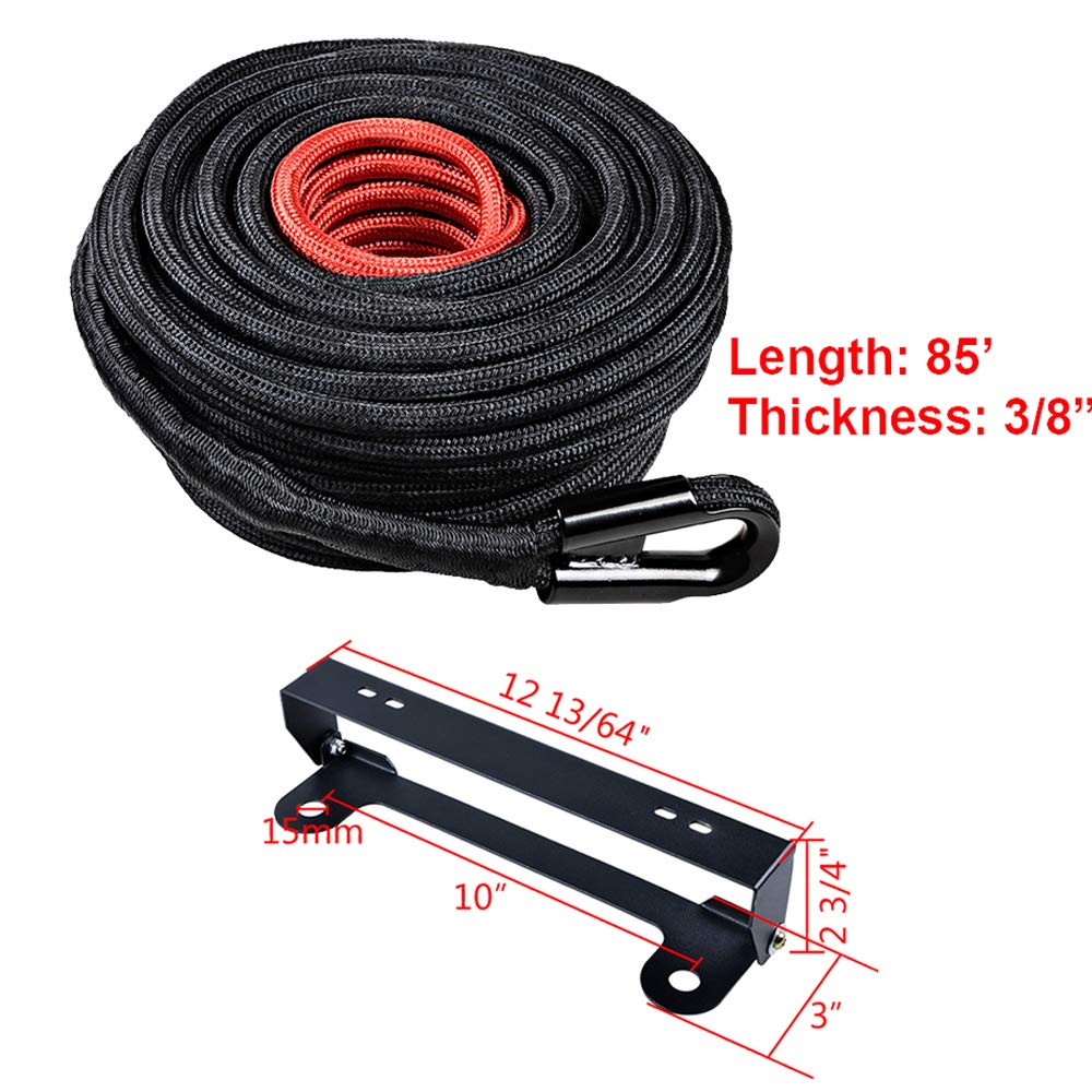 amopacorp Black 85 feet x 3/8 inch 20,500LBs Synthetic Winch Rope Rock Heat Guard and Stainless Steel Flip-Up Hawse Roller Fairlead Mounted License Plate Holder