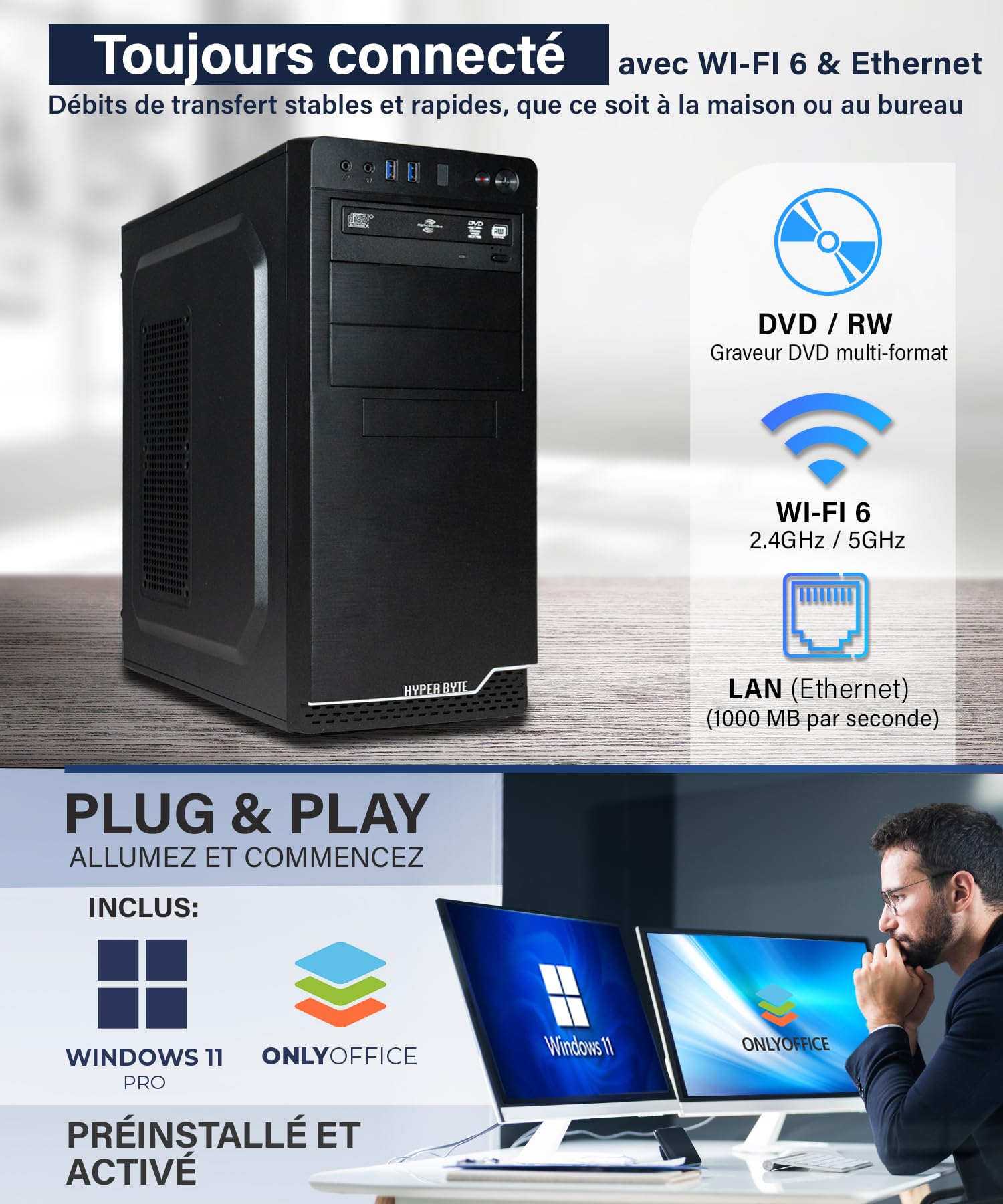 PC Bureau HYPER BYE Intel I7 3.9GHz - 32Go RAM, SSD 1To, Windows 11 Pro, WiFi