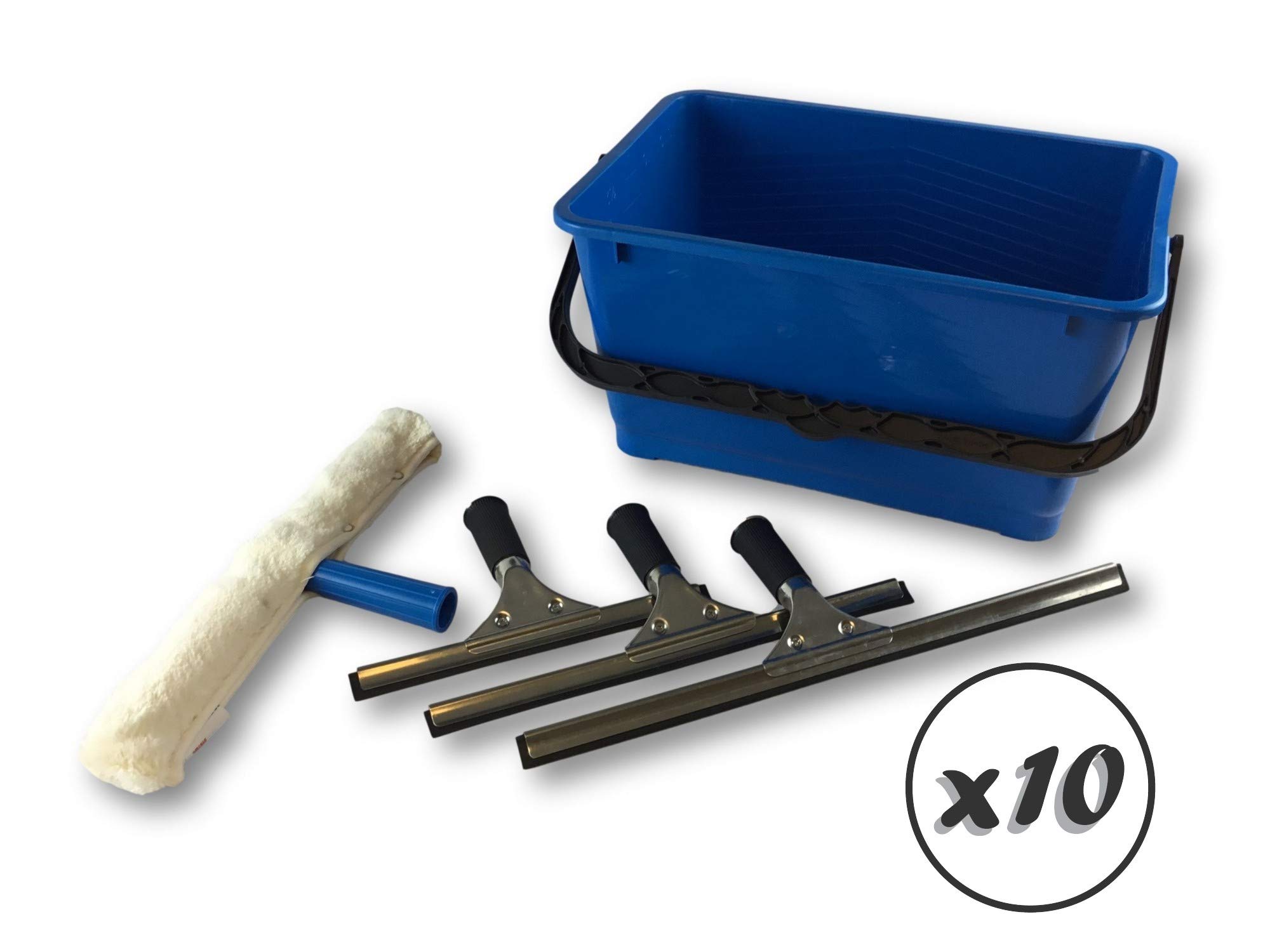 Zestaw do mycia szyb pro | Zestaw 10 sztuk | Wiadro z tworzywa sztucznego 13 L | Zdejmowany środek czyszczący | 3 ściągaczki ze stali nierdzewnej 25-35-45 cm gumowe usta | okna prysznicowe okna wykuszowe | Kibros LAVIKITx10