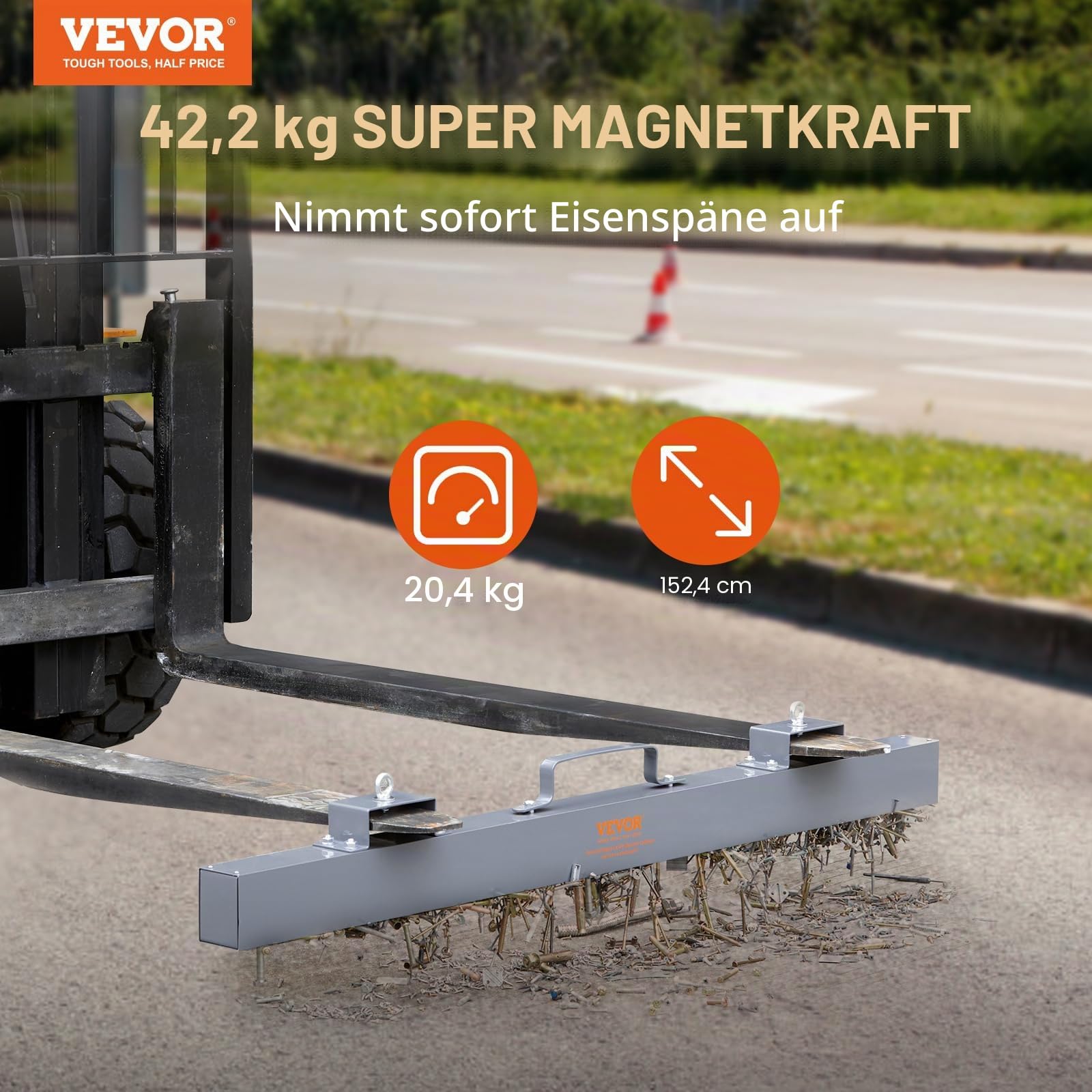 VEVOR Magnetbesen Magnetische Kehrmaschine 1520 mm, Magnetic Sweeper Magnetisch Magnet Besen Magnetbesen Magnetheber 42,2 kg Magnetkraft Magnetischer Spänesammler Bodenkehrer Kehrmaschine