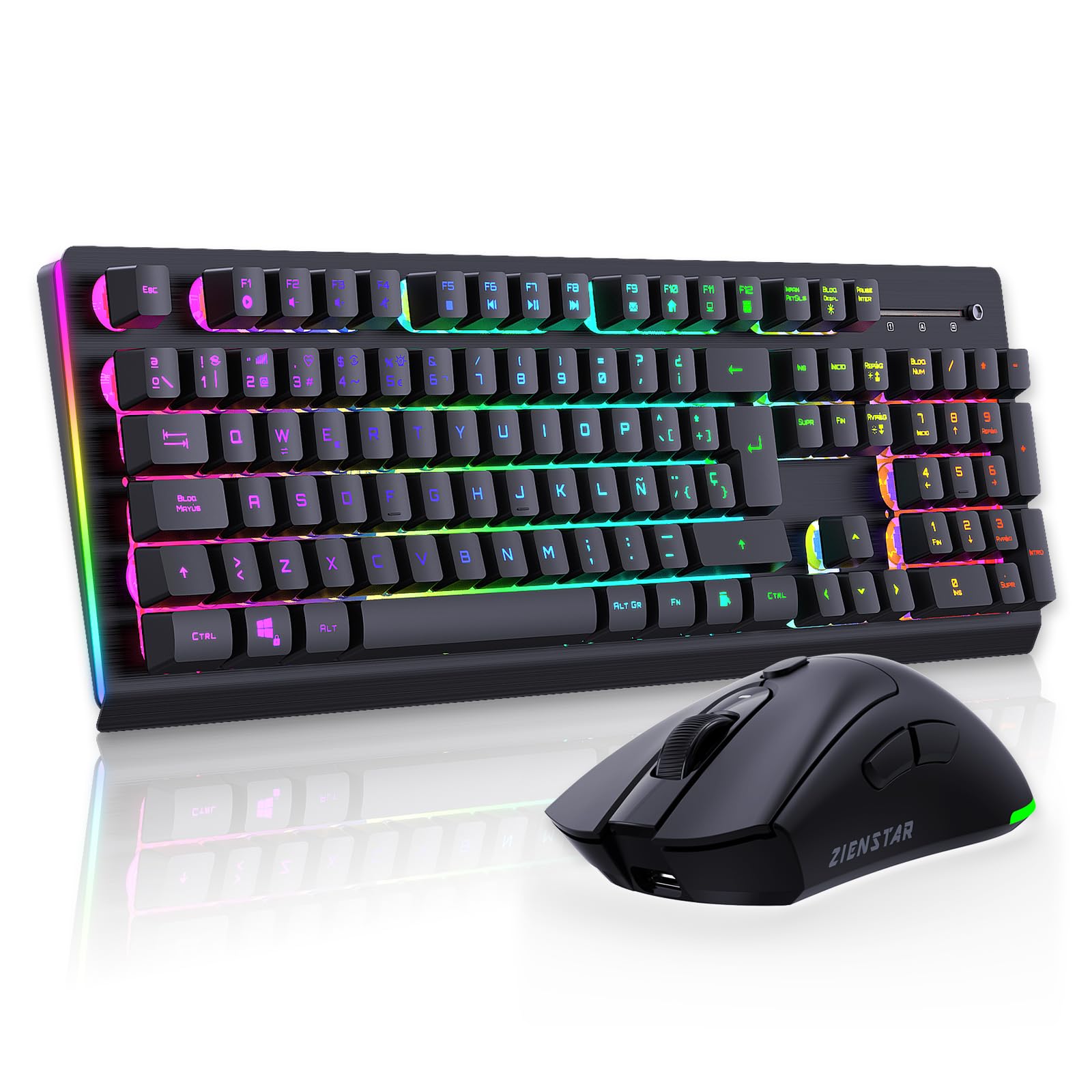 Teclado y Ratón Inalámbrico para Gamer,Retroiluminación RGB,Batería Recargable 3800mAh,Carcasa de Aluminio,Teclado Anti-Fantasma+Mouse 3200DPI con Ñ