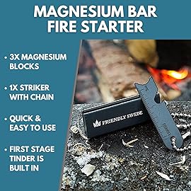 The Friendly Swede Magnesium Fire Starter Kit 3-Pack - Flint and Steel Fire Starter Survival Tool; Weatherproof Firestarter for Camping, Hiking & BBQs; Flint and Steel Magnesium Bar; 6-in-1 Striker
