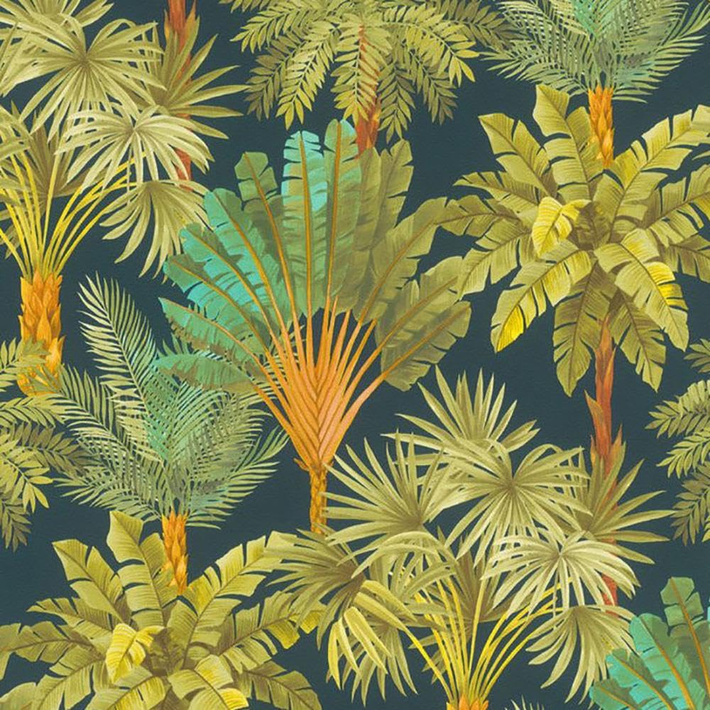 Yöl Navy Green Jungle Trees Wallpaper - Tropical Botanical Modern Contemporary - Textured Paste The Wall Vinyl