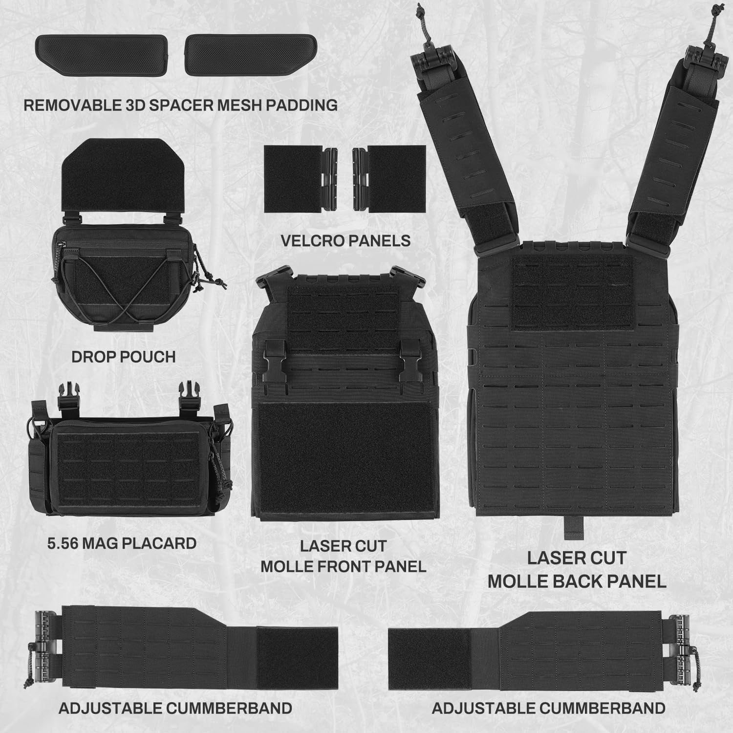VOTAGOO GEAR 500D Schnellverschluss Modularer Plattenträger Herren Trainingsweste mit Fallbeutel, verstellbare Trainingsweste für Outdoor