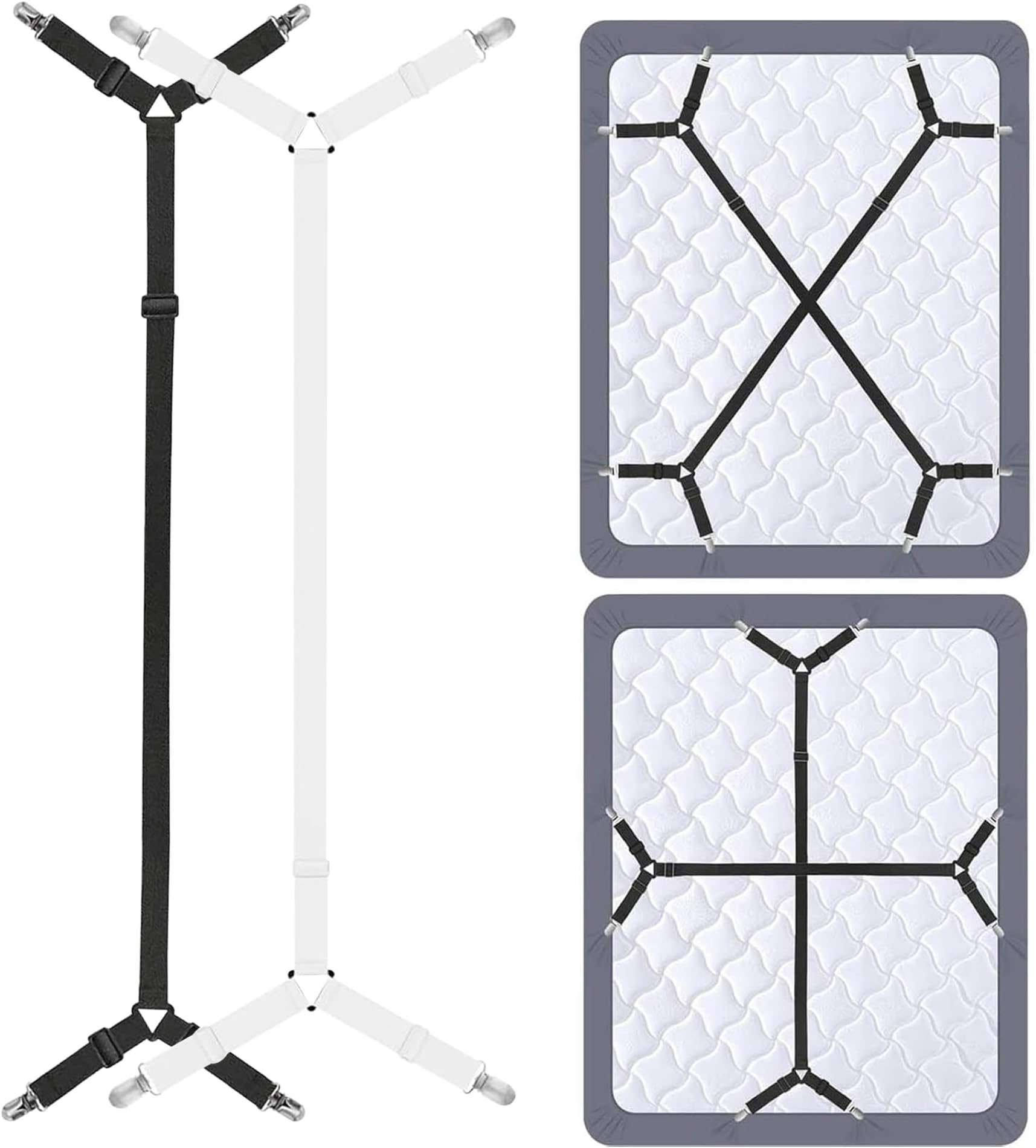 Bed Sheet Holder Straps,Sheet Straps Adjustable Bed Sheet Clips Fasteners Keep Sheets Stays in Place,White+Black 2Pcs/Set