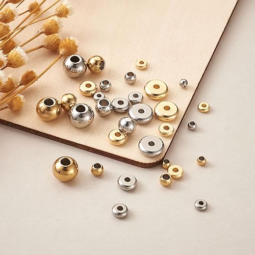 Miniatura 6 de Cheriswelry 160 cuentas redondas de acero inoxidable 304, cuentas redondas de color dorado y acero inoxidable, cuentas redondas planas, discos,