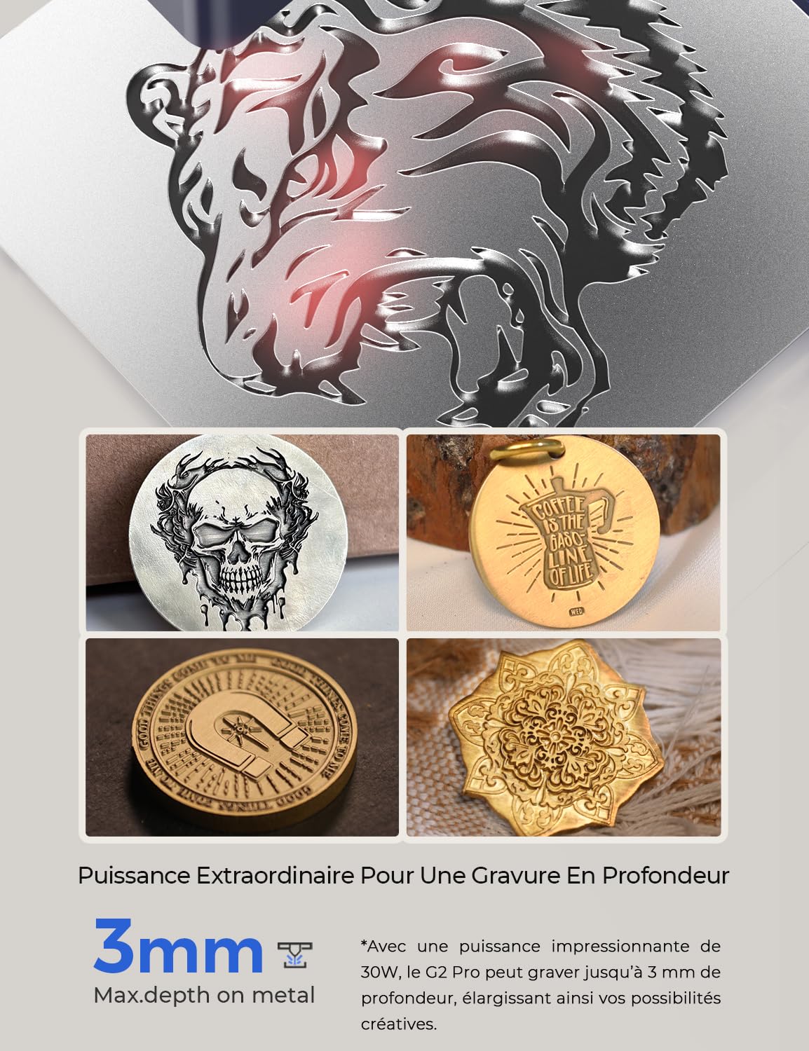 GWEIKE G2 Pro Graveur Laser à Fibre 30W avec Gravure 3D & en Profondeur, Machine de Gravure Laser Rapide 15000 mm/s, Surface de Travail 150×150 mm, Graveur Portable pour Bijoux, Métal, Cuir