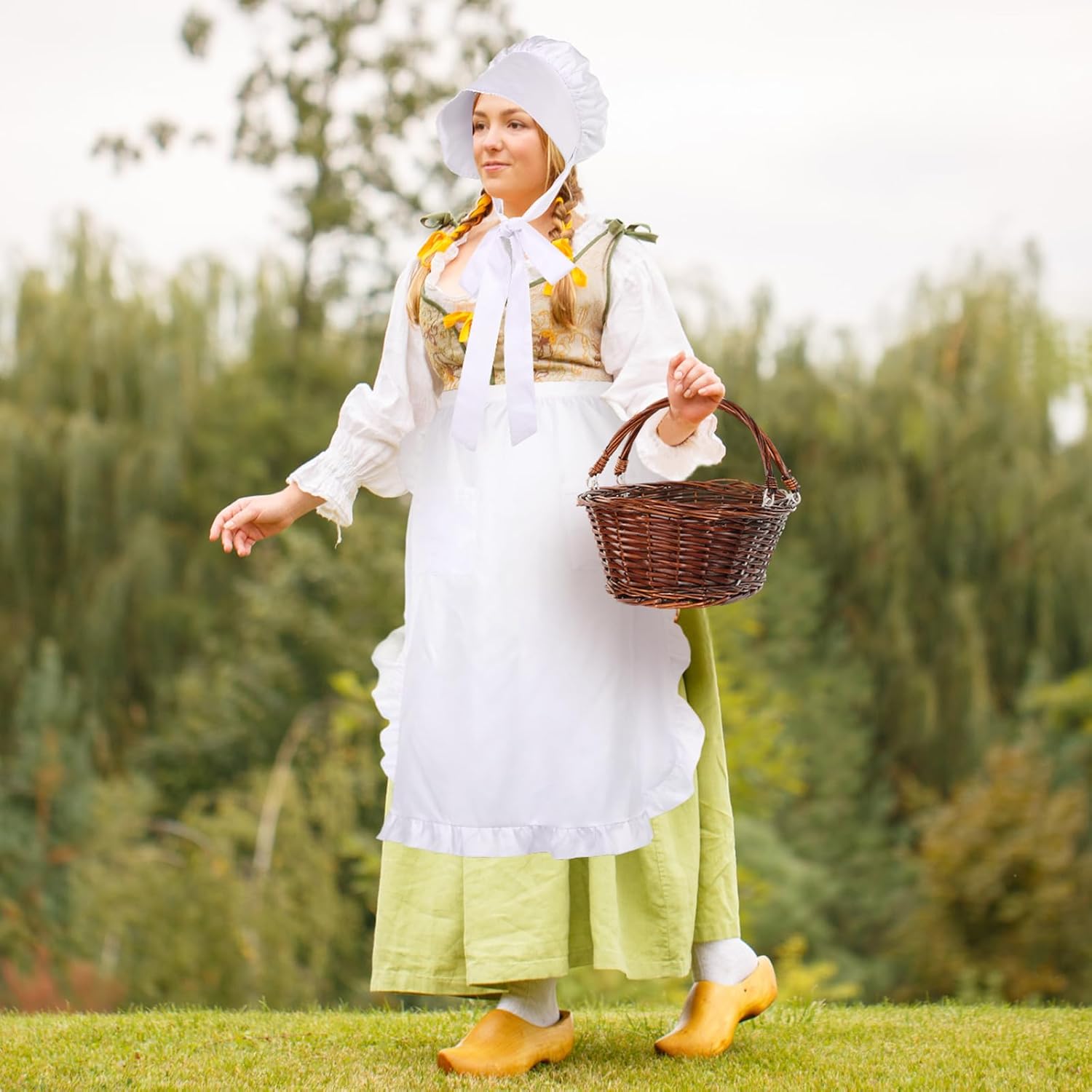 3 Pcs Halloween Colonial Costume Set Pilgrim Costume Accessory Include White Colonial Bonnet Half Apron Hand Basket Suitable for Halloween Role Playing Maid Cosplay