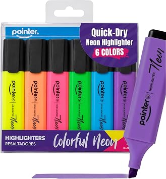 Pointer Highlighters Vibrant Colors With Chisel Tip Quick-Dry Smudge-Proof Paper-Safe Neon Multicolor Pens for School, Office Notes, Journals, And Planning Homework Creative Projects Set of 6