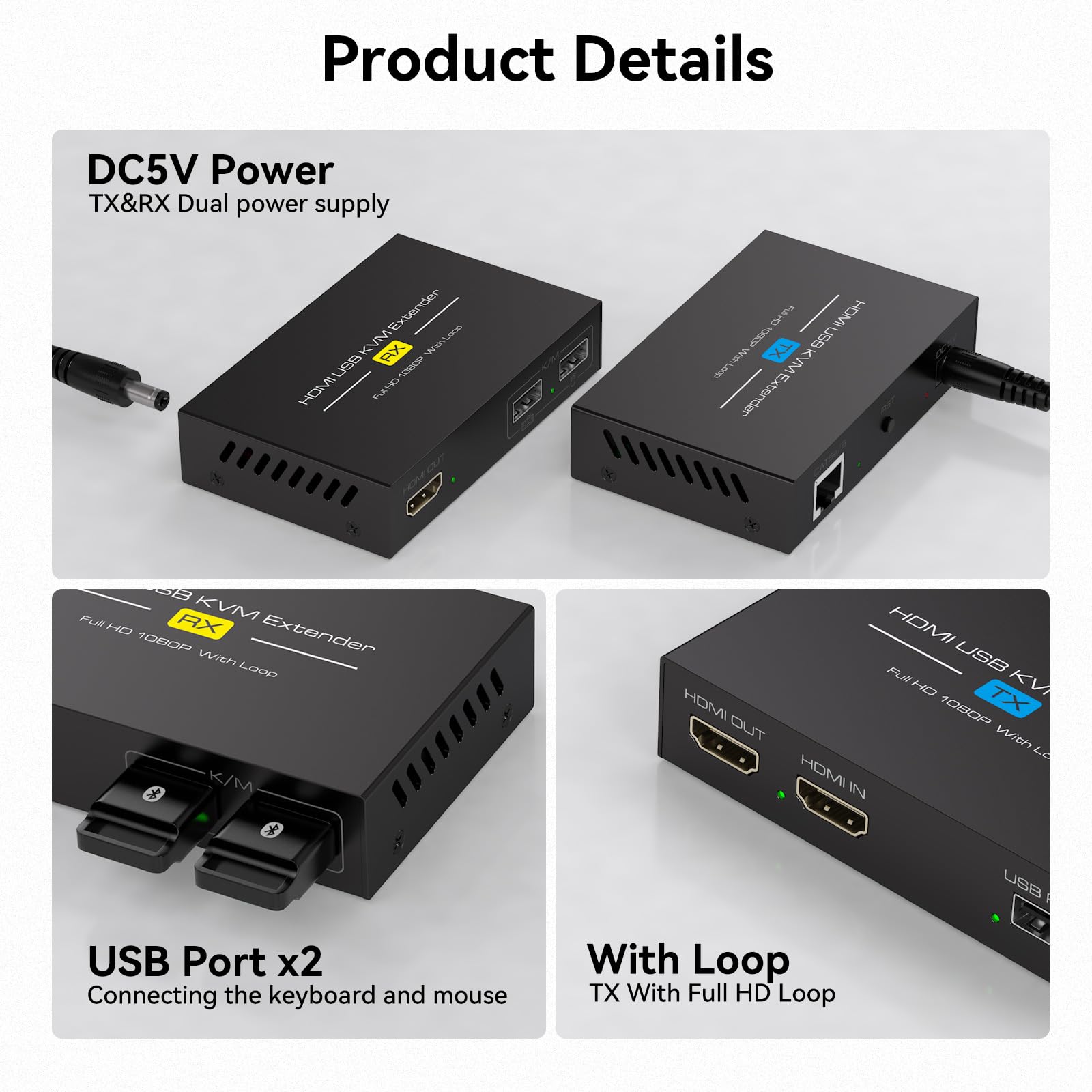 Rallonge HDMI KVM USB sur Ethernet Cat5e/6/7 1080p jusqu'à 120 m avec extension HDMI et USB pour télécommande de moniteur et clavier souris