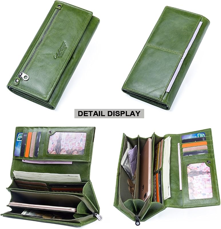 Portofel tip clutch mic din piele naturală CONTACTS cu fermoar, pentru carduri, monede și telefon, verde