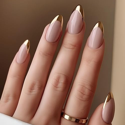 Gold French Tip Press on Nails Medium Almond Fake Nails