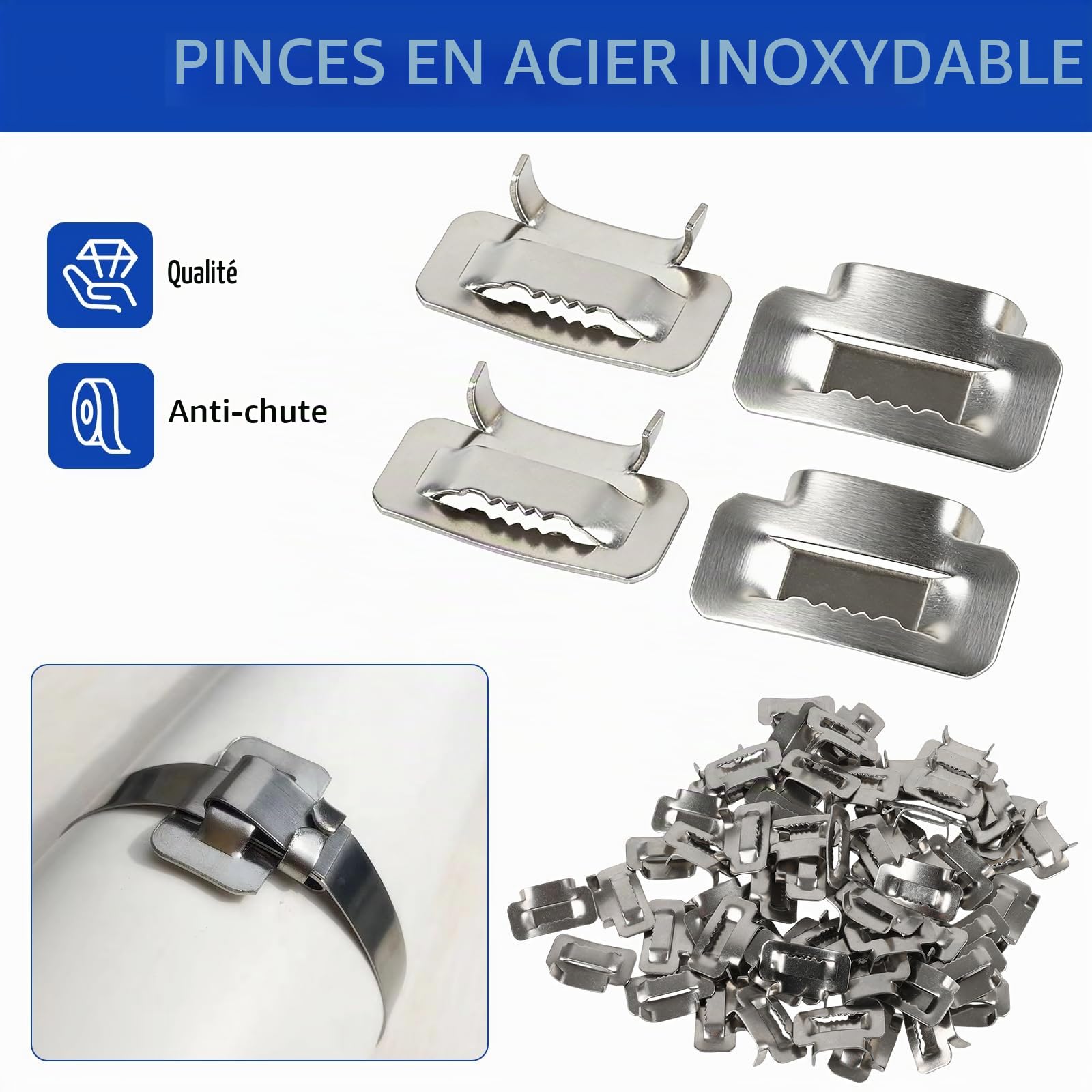 Kit de cerclage manuel, bobine de bande en acier inoxydable (3/4" x 100 pieds x 0,03") + boucles métalliques (100 pièces), avec gants, kit de cerclage manuel pour l'industrie, la construction, le